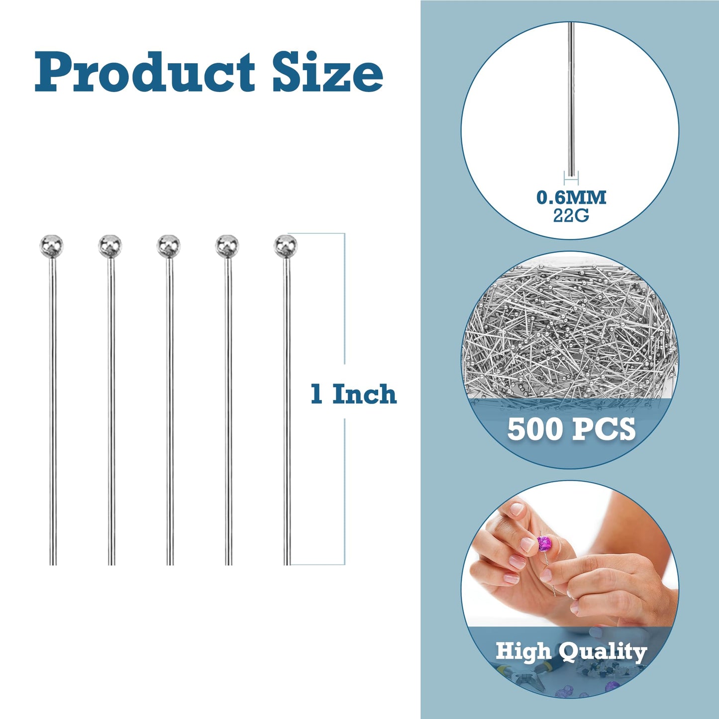 Mandala Crafts 1 Inch Stainless Steel Ball Head Pins for Jewelry Making Earring Making Supplies - 500 Jewelry Findings for Making Earrings DIY Bracelets Rosary Charms