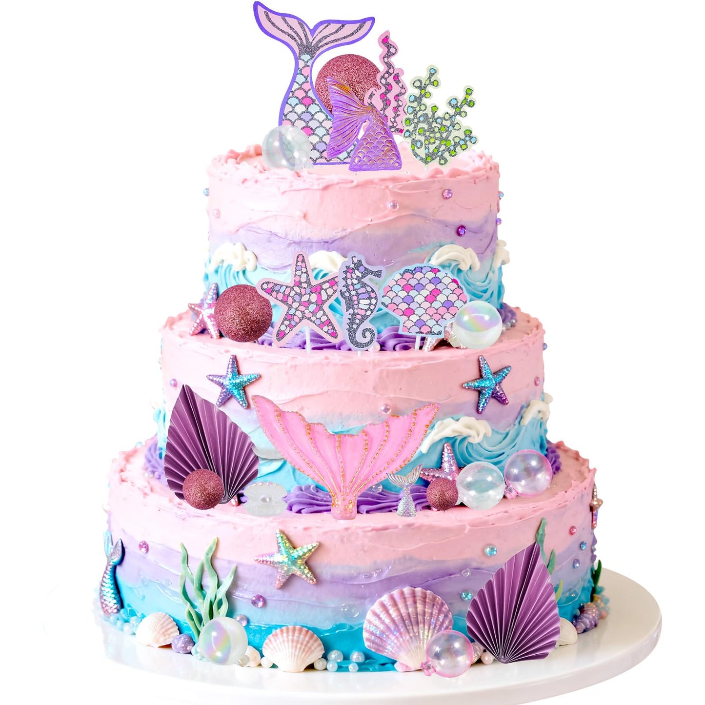 Wowagoga 22Pcs Mermaid Cake Topper Under the Sea Cake Decoration Shell Cake Birthday Decoration Mermaid Tail for Party Supplies