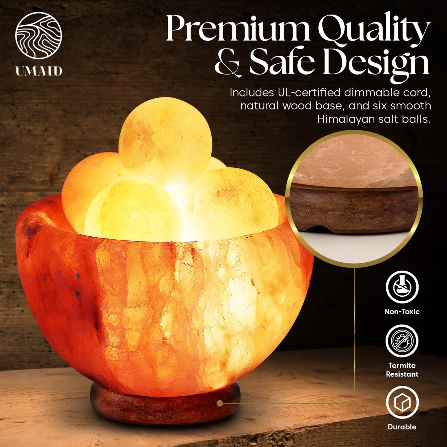UMAID Himalayan Salt Lamp Bowl with 6 Himalayan Massage Balls, Dimmable Pink Rock Salt Lamp Light for Bedroom, Office Desk & Meditation Room, Unique Spa Home Decor Relaxation Gifts for Men & Women