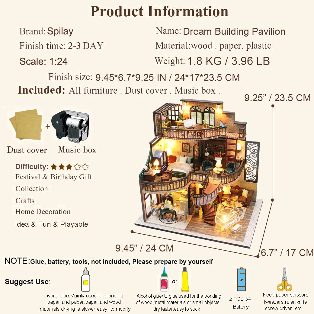 Spilay DIY Miniature Dollhouse Kit with Wooden Furniture,1:24 Scale Mini House with Dust Proof Cover & Music Box,Best Valentine's Day (M2132)