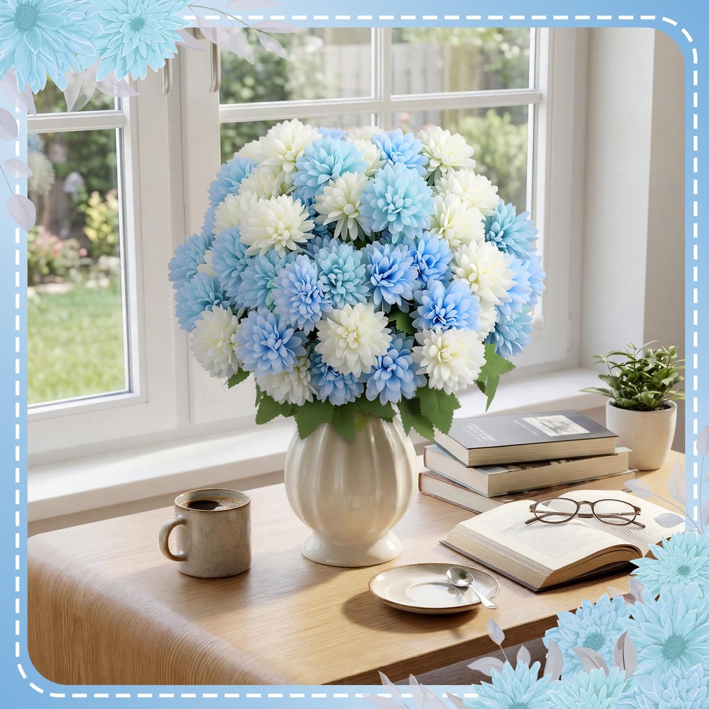 XunYee 12 Pcs Blue Artificial Flowers for Outdoor Decorations Spring Faux Chrysanthemums Mums Blue White Fake Flowers for Outside Garden Porch Window Patio Vase Table Wedding Home Decor