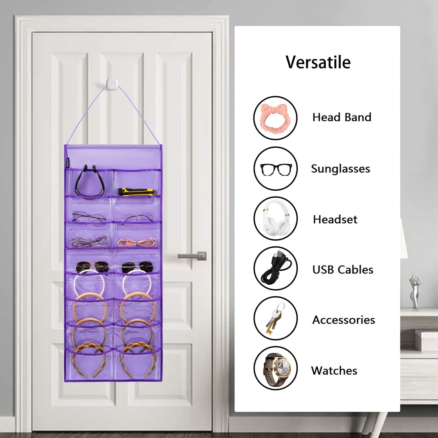 ANZORG Wall Hanging Headband Organizer Ribbon Hair Hoops Storage Hairbands Hair Accessory Holder with Clear Pockets (PURPLE-16 POCKETS)