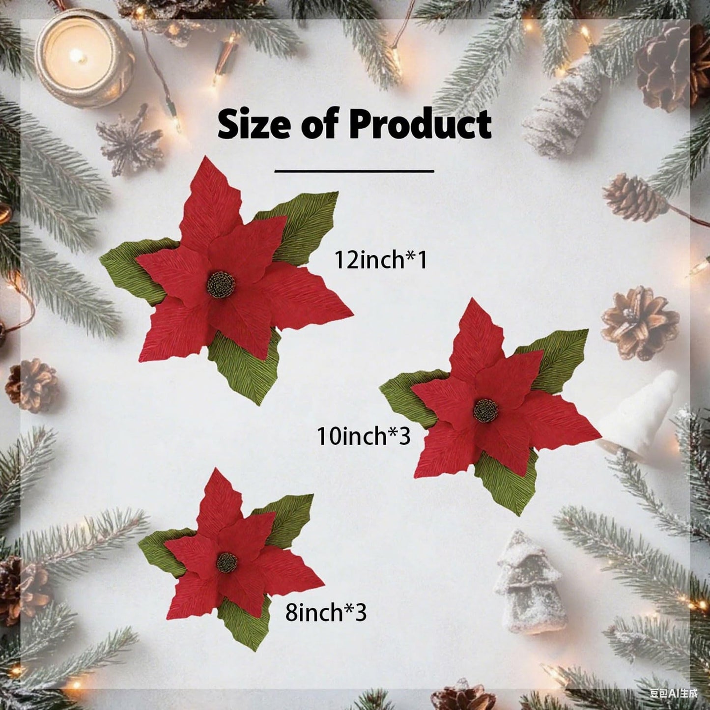 Handmade Poinsettia Christmas Flowers Decoration, Crepe Paper Poinsettia Flower with Clips Christmas Tree Artificial Flower Decorations with Stems for DIY Xmas Wreath Holiday Party Home Wall Decor
