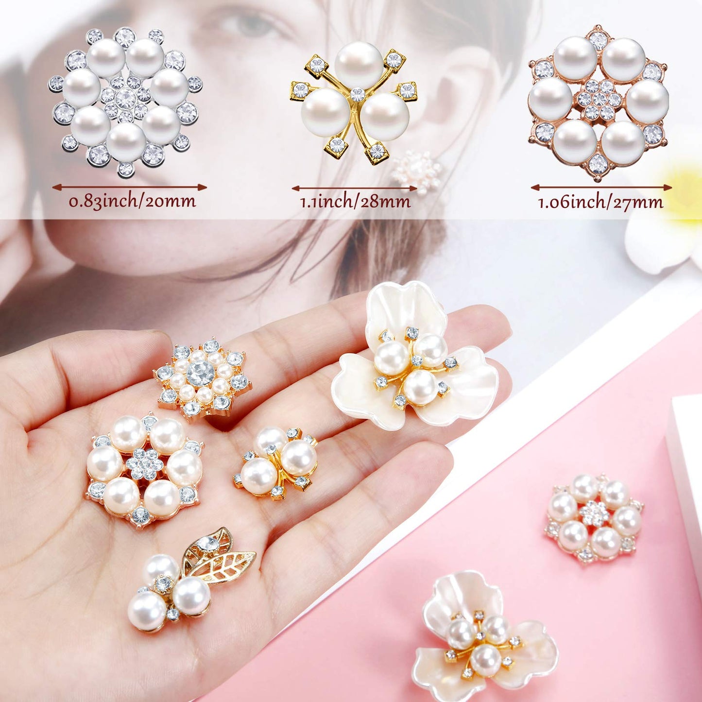 Hicarer 44 Pieces Pearl Rhinestone Buttons Rhinestone Faux Pearl Embellishments Brooch Alloy Floral Pendants for Jewelry Making Party Wedding Bridal Bouquet DIY Home Decoration(Gold)