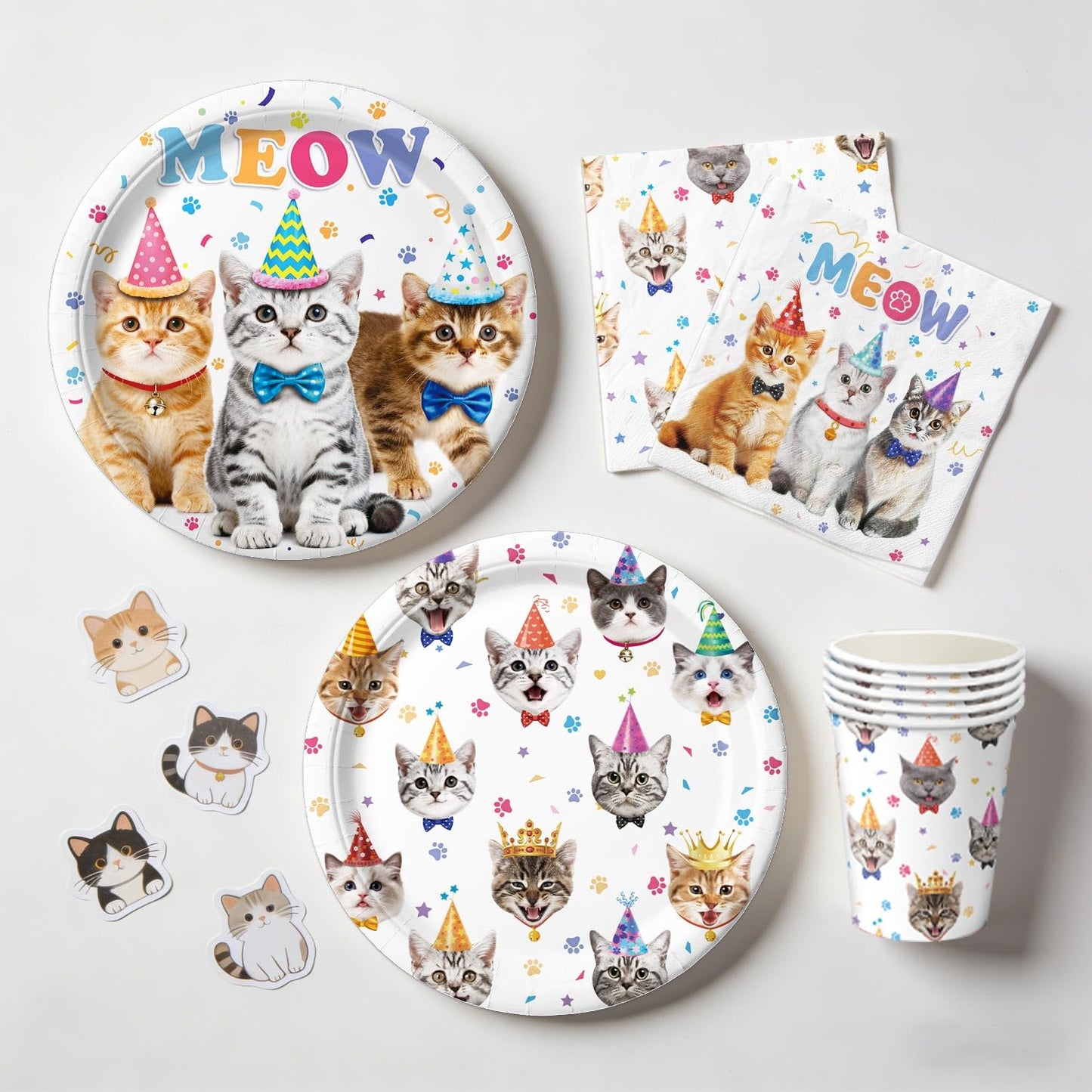 Cat Birthday Decorations Party Supplies Kit, Plates, Napkins, Cups, Cutlery, Banner, Hanging Swirls, Honeycomb Centerpieces, Balloons, Tablecloths for Cat Themed Birthday Party Decorations, Serves 20
