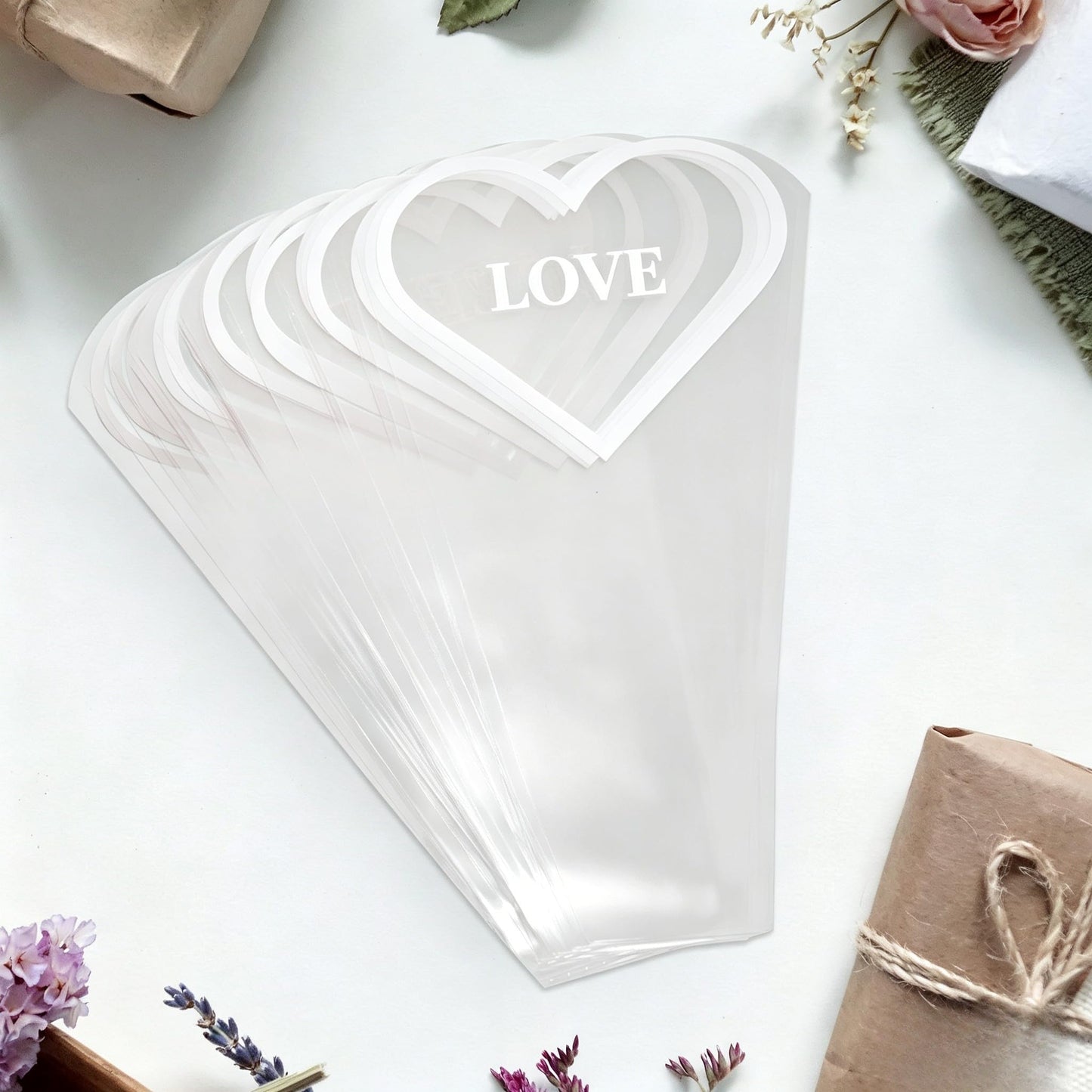 CHAQiWi Flower Bags for Bouquets Wrapping, Bulk Cellophane Sleeves for Flower Bar Supplies Wedding Birthday Mother's Day Valentine's Day (White Heart, 50PCS)
