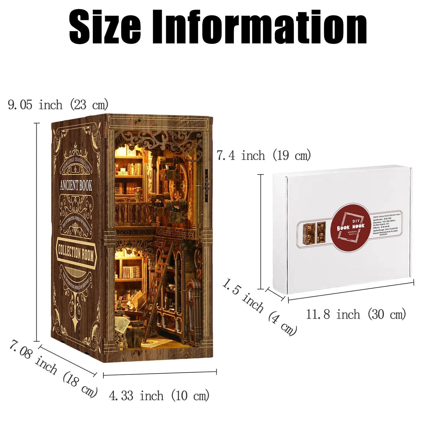 nestery Book Nook Kit - Miniature House Kit for Bookshelf Decor, Wooden DIY 3D Puzzles with LED Lampline & Dust Cover, Retro Bookstore Theme Miniatures, Creative Craft Gift for Adults & Book Lover