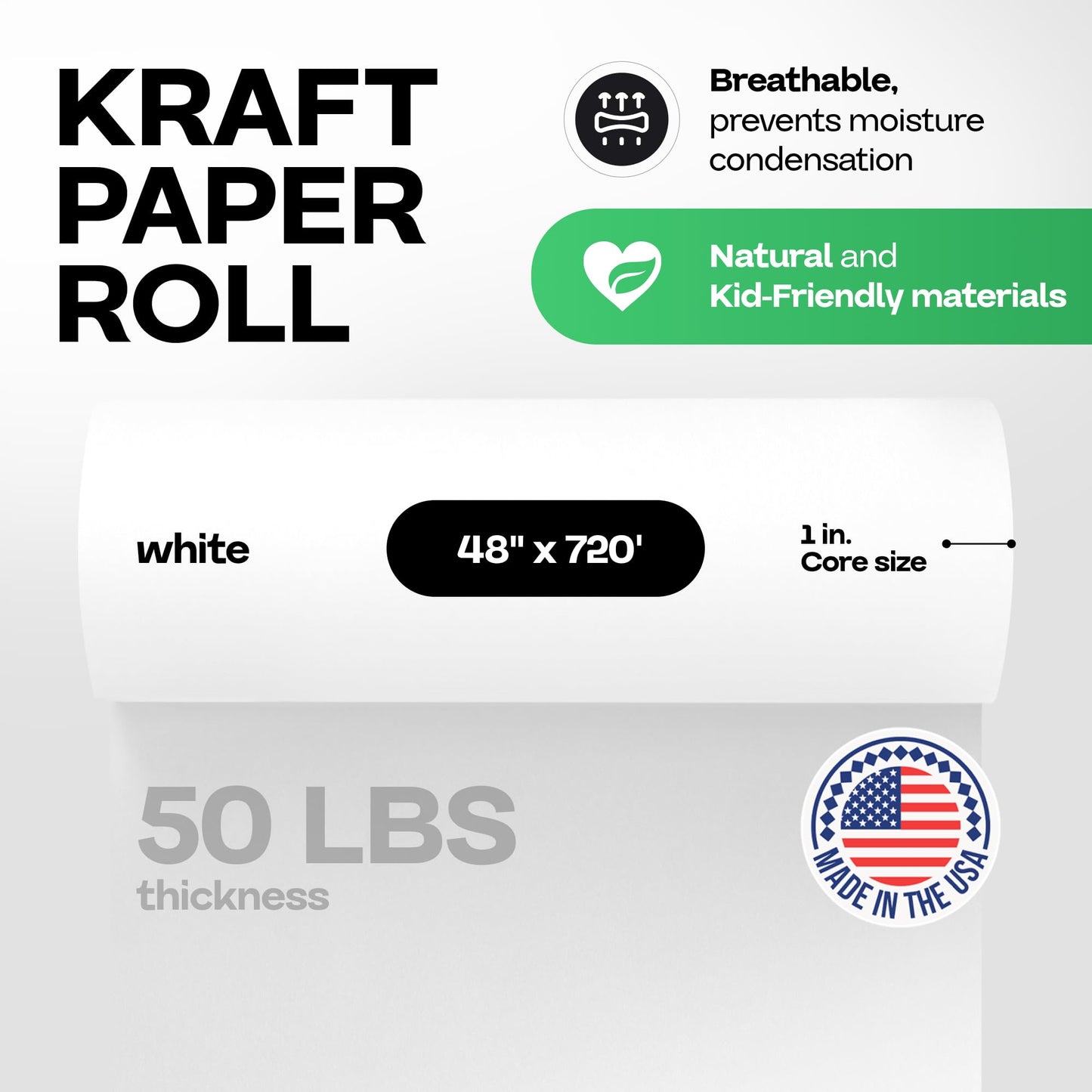 White Kraft Paper Roll 48" x 8640" (720 feet) for Packing, Moving, Shipping, Crafts - USA-Made Heavy Duty Craft Paper 50lb Thickness - 100% Recyclable Natural Kraft Wrapping Paper by IDL Packaging