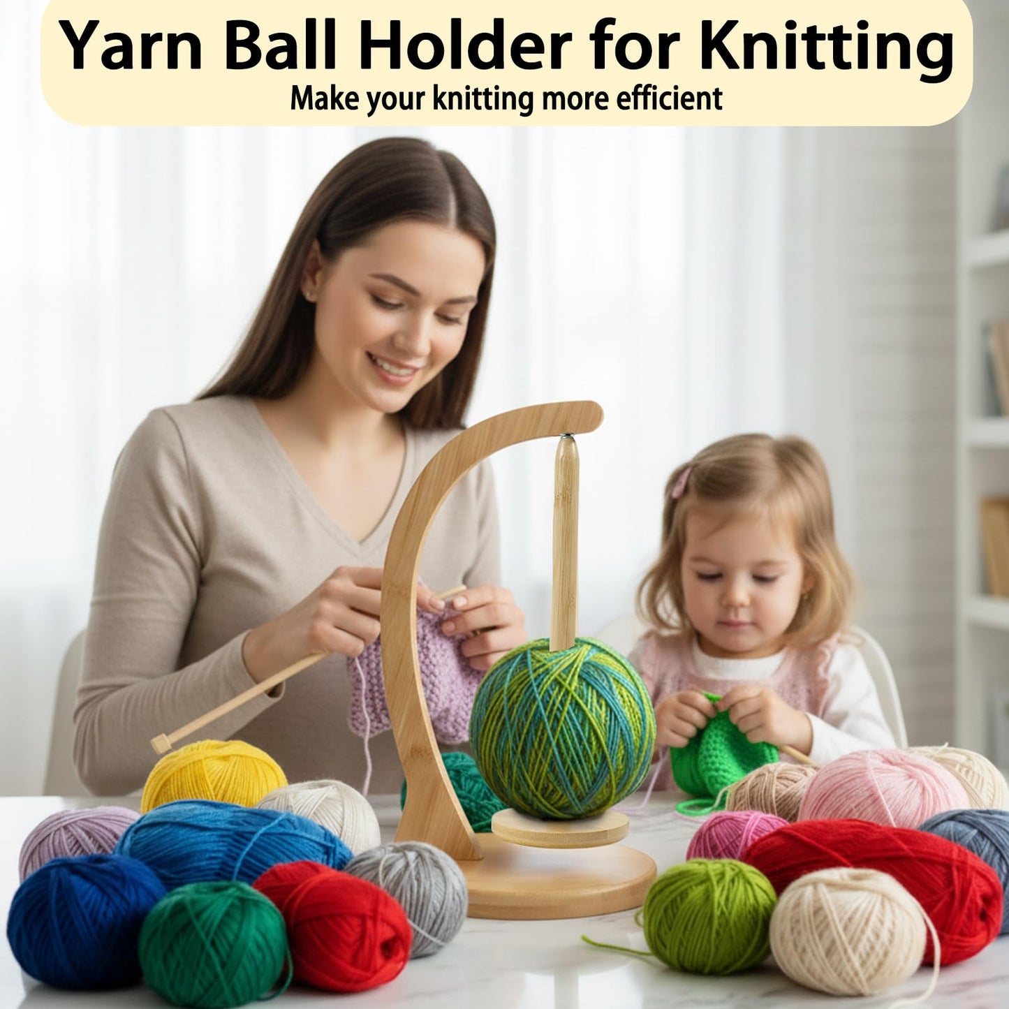 Yarn Holder for Crocheting and Knitting, Wooden Yarn Spinner with Magnetic Rotating Mechanism,Gift for Crocheter and Knitter（Natural）
