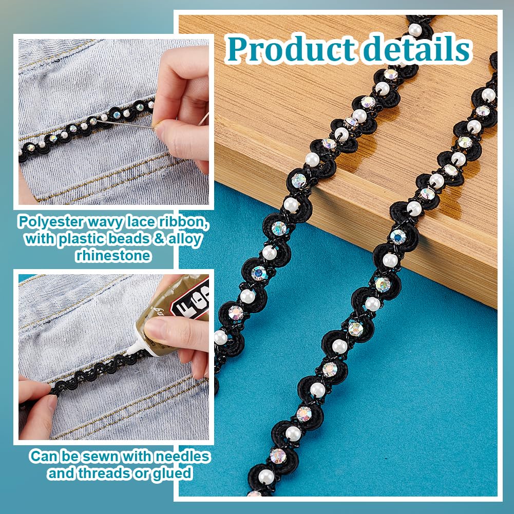 PH PandaHall 4 Yards Pearl Lace Trim 3/8 inch Black Wavy Lace Ribbon Pearl Fringe Rhinestone Fringe Applique Fabric Gimp Braid Ribbon for Costume Curtain DIY Craft Jewelry Party Halloween