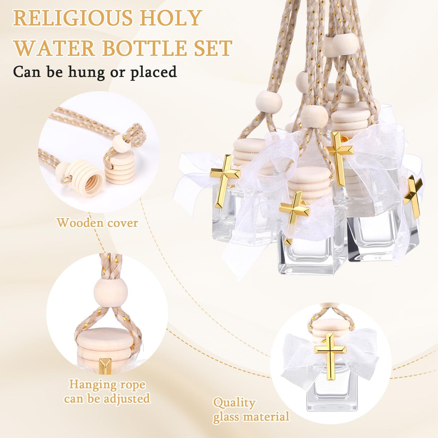 Afarnook 30 Set Holy Water Bottles Baptism Favors for Guest 8ml Mini Catholic Christian Holy Water Container with Cross Pin and Ribbon for Church Baptism Communion Christian Gift(White,Square)