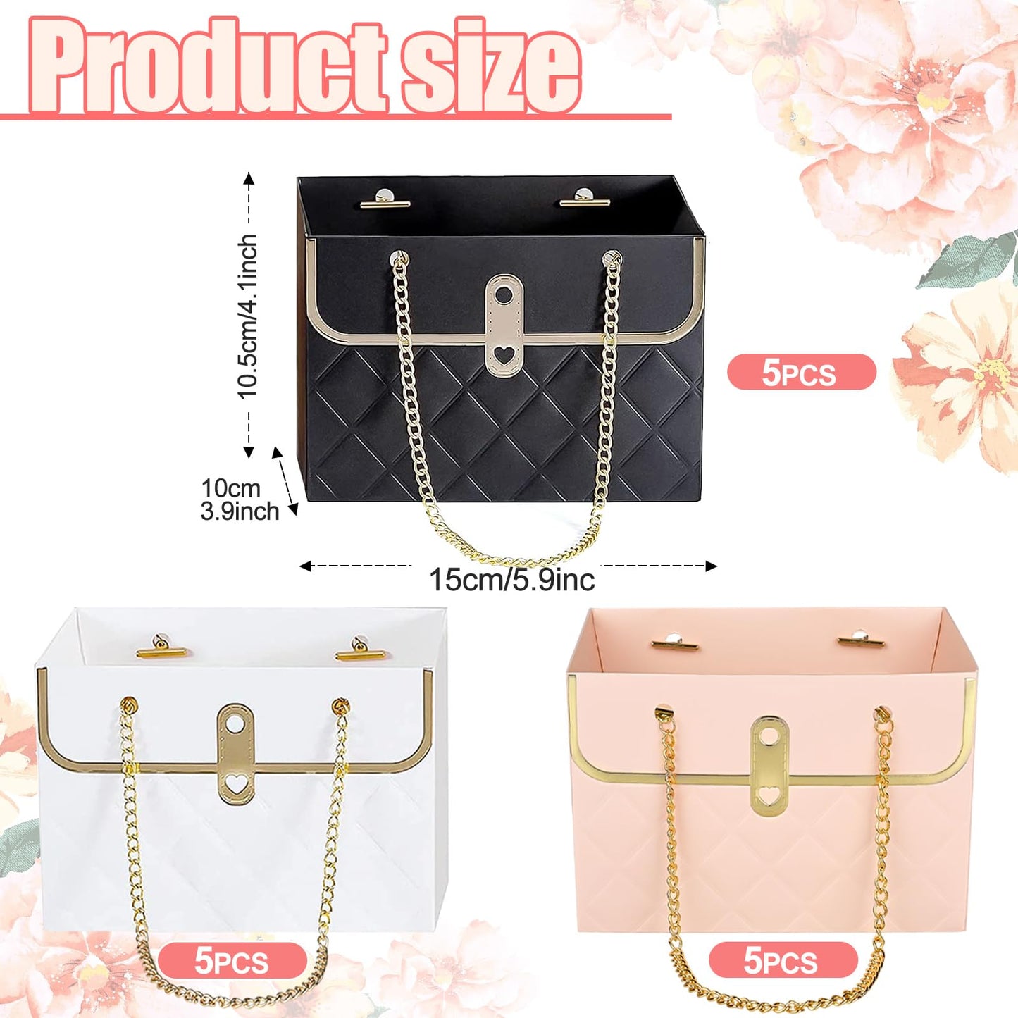 VAIPI 15 Pcs Flower Paper Gift Box with Metal Chain Flower Paper Gift Bags Flowers Bouquet Storage Bucket Florist Bag Floral Wrap Box for Valentines Mothers Day Wedding Party Supplies