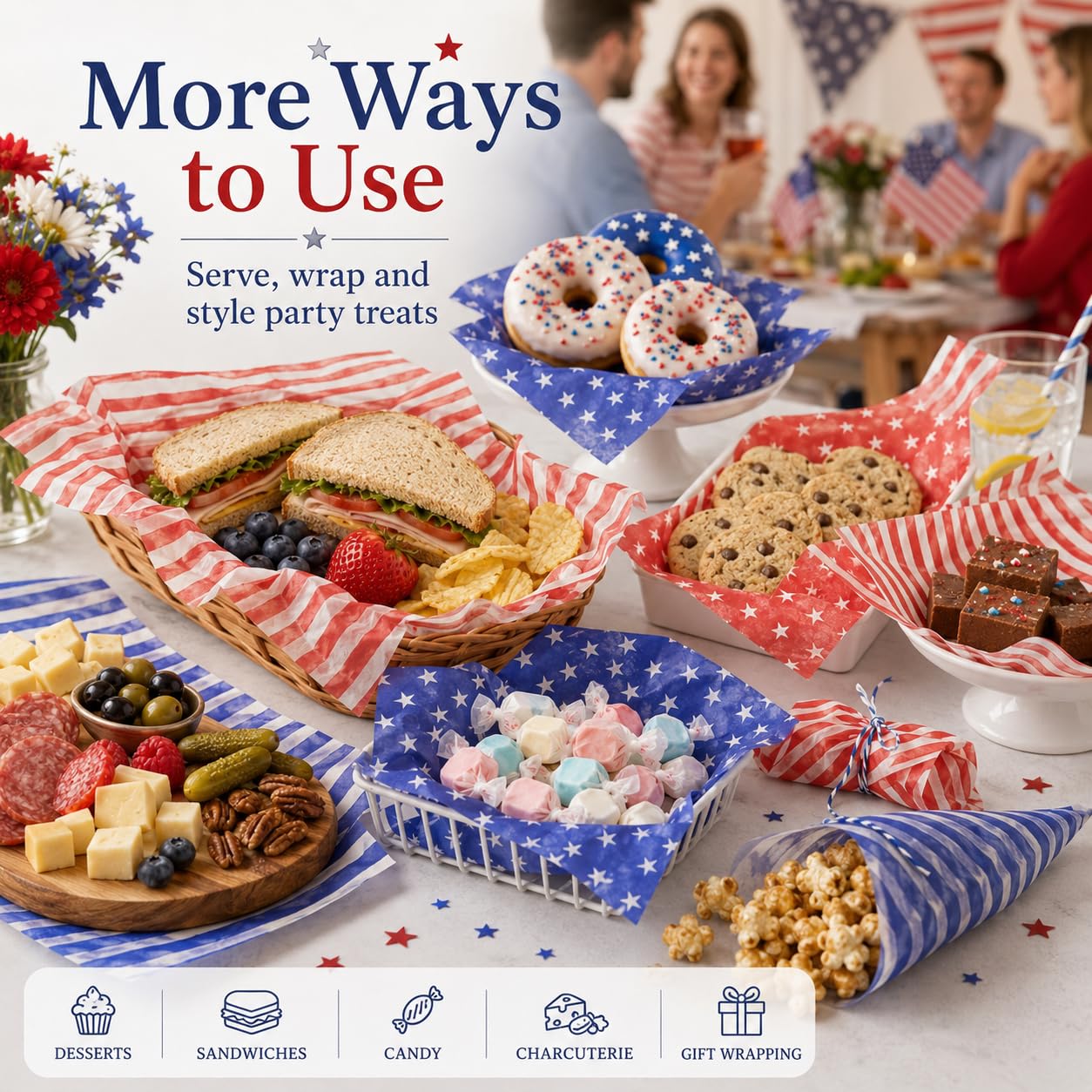 240 Sheets Watercolor Patriotic Wax Paper for Food Deli, 9.8 x 8.3'' Seamless Blue Red Stars Stripes Greaseproof Wrapping Paper for 4th of July Sandwich Picnic Basket Liner Party Supplies