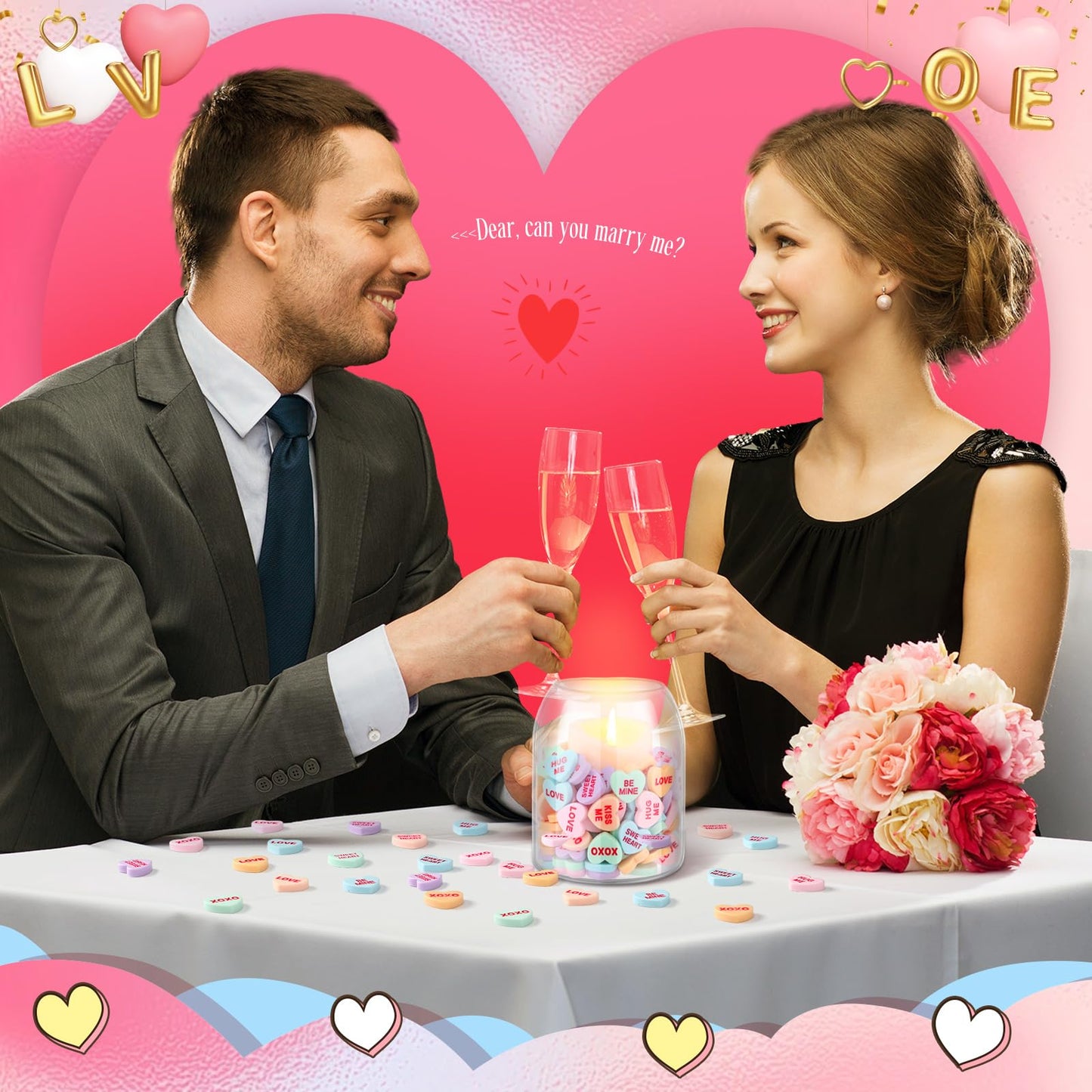 Threehoney 120 Pcs Conversation Hearts Vase Filler Valentine's Day Heart Ornament for Floating Candles Candy Love Centerpiece for Valentine Wedding Home Table Party Decor, No Water Gel, Macaron
