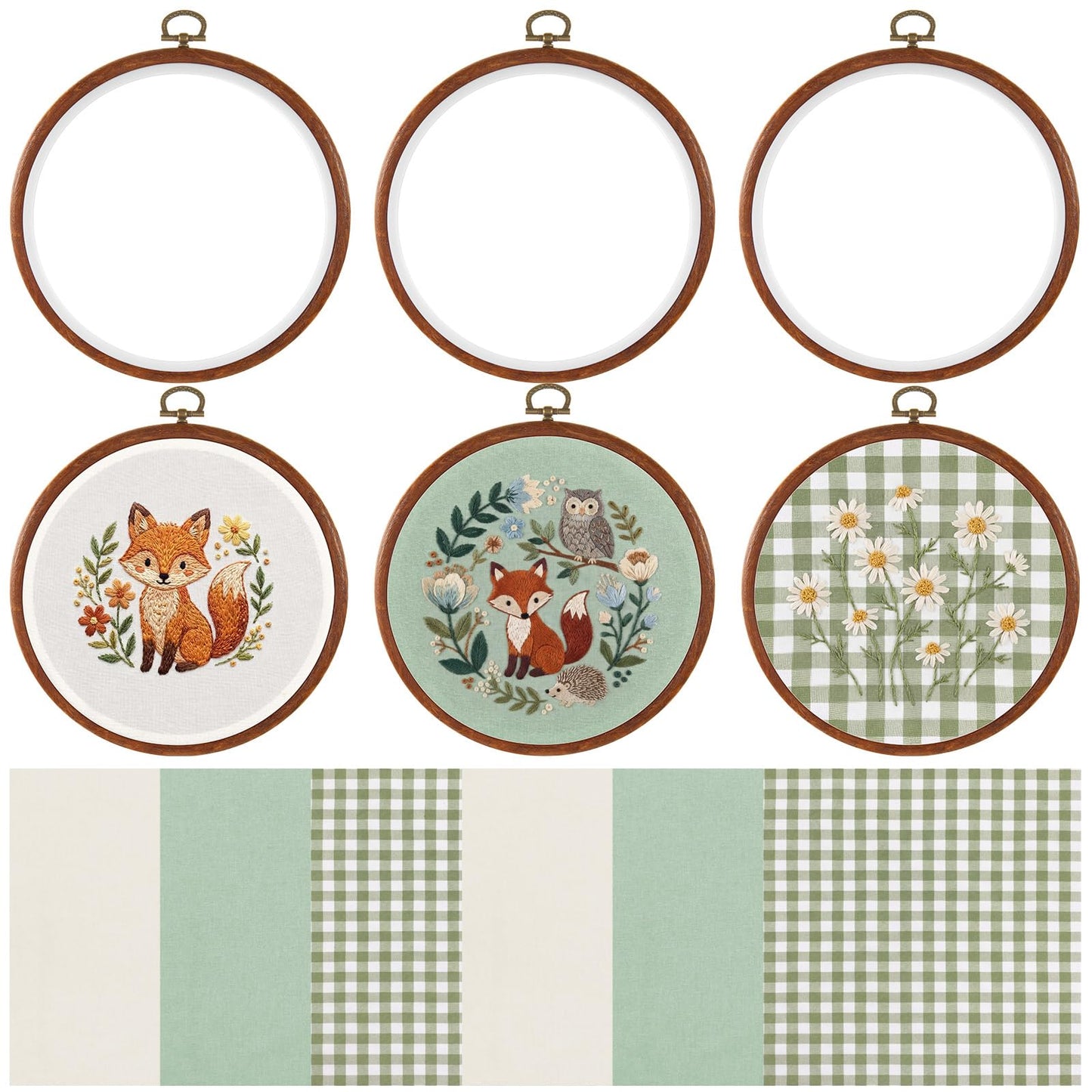 Tudomro 6 Sets 6.7 Inch Embroidery Hoop Frame and 11.8 Inch Pre-Cut Cloth Fabric Squares Kit Imitation Wood Cross Stitch Hoop for Beginner, DIY, Art Craft Sewing, Wall Hanging Decor(Sage Green)