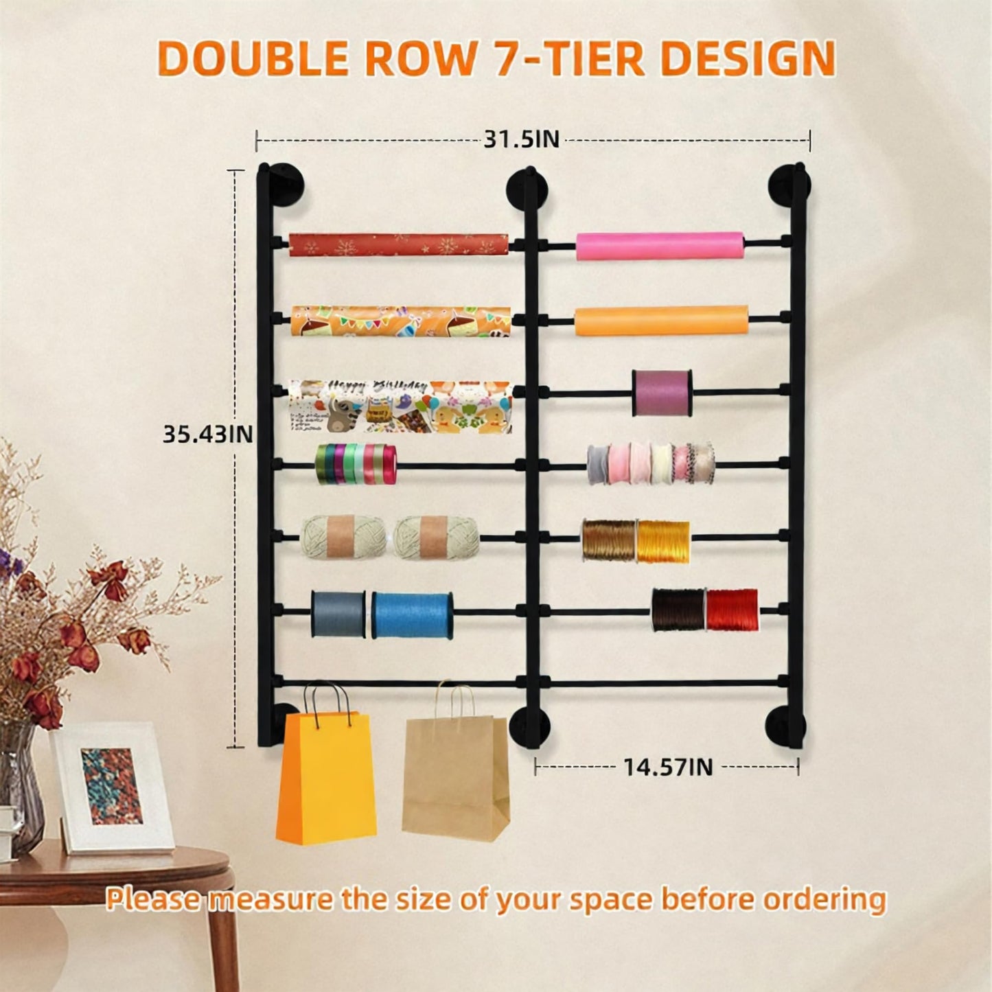 Xbsyhx 7-Tier Double Row Metal Ribbon Organizer Wall Mount, 14 Removable Rods Large Capacity Storage Holder Rack, Heavy Duty Craft Room Organization for Flower Shop DIY Yarn Gift - Black