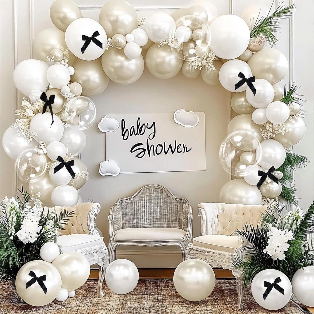 White Balloon Garland Arch Kit, Double Stuffed Cream Ivory Sand White Pearl Balloons with Bow Clear Balloon for Bridal Wedding Baby Shower Birthday Valentine‘s Day Party Decorations