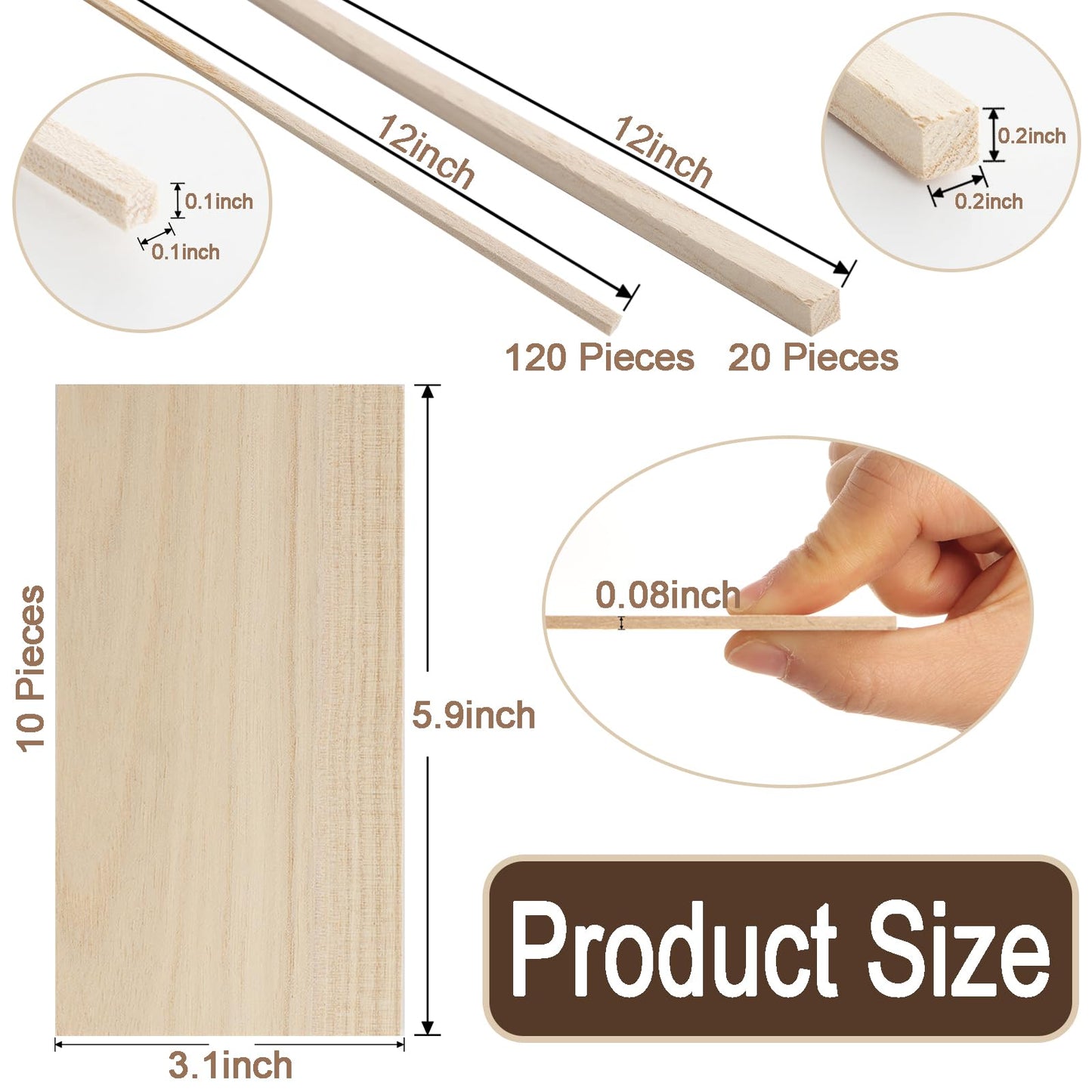Fumwase 150 Pieces Wood Sticks Hardwood Square Wooden Craft Thin Wood Sheets 1/8 Inch 1/4 Inch x 12 Inch Unfinished Wood Strips Natural Wood Squrae Sticks for Arts Crafts DIY Projects