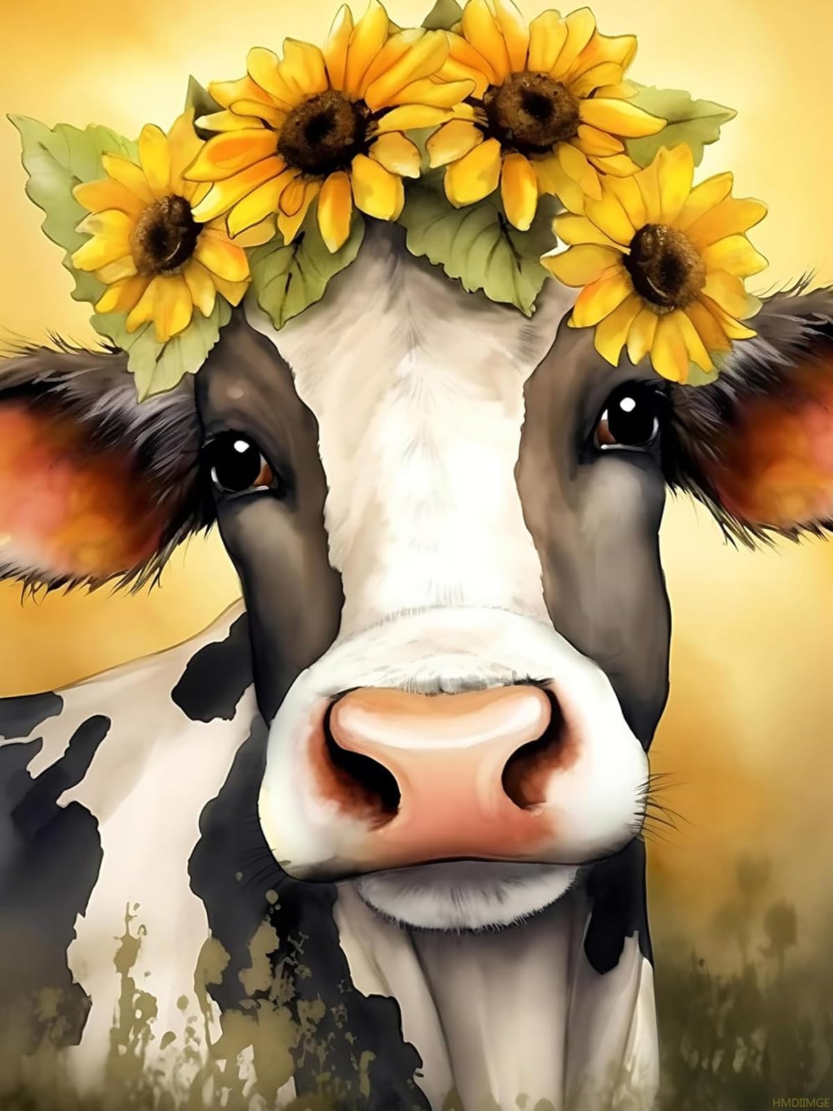 HMDIIMGE DIY Black and White Cow Sunflower Wreath Diamond Painting Kit for Adults, 5D Gems Diamond Art Kit, Stick Corresponding Diamonds in Number Order, for Home Bathroom Wall Decor 12x16 inch