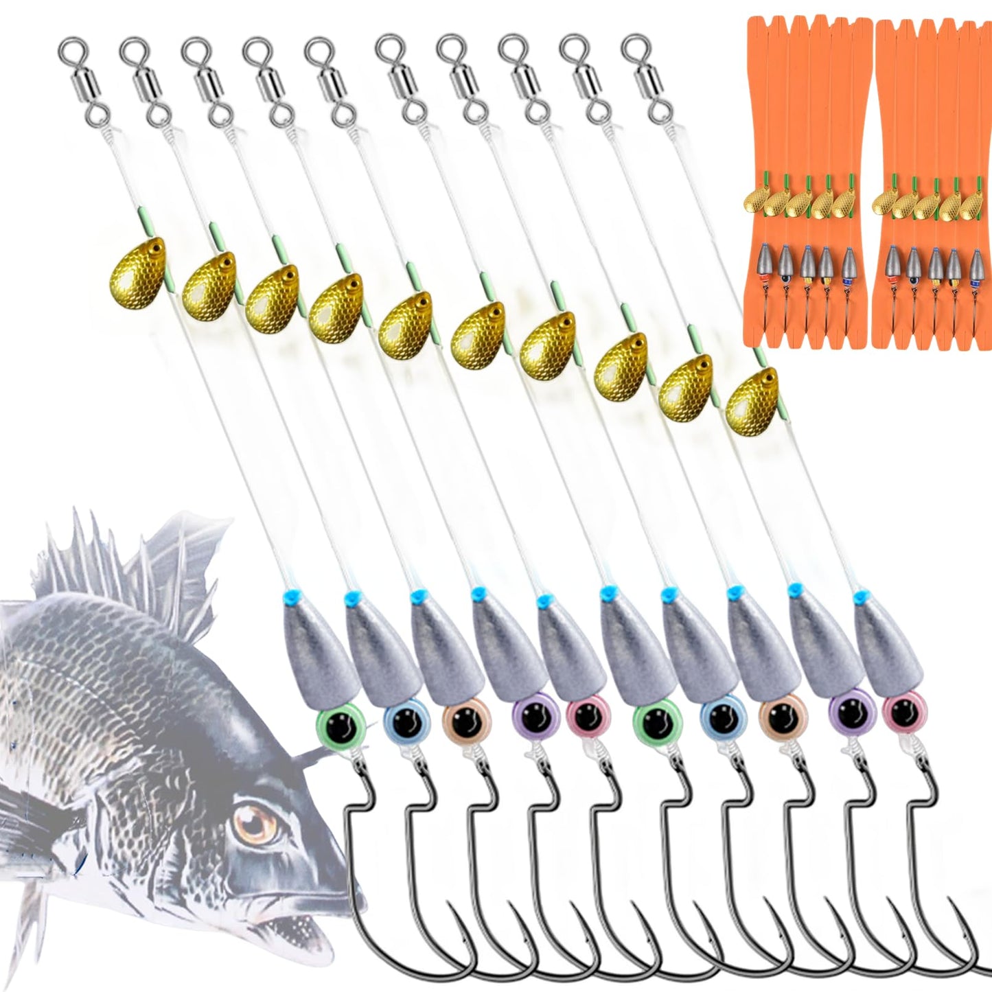 DAMIDEL 10Pcs Fishing Bullet Weights Texas Rigs Ready Kit,Worms, Sinker (10g/7g/5g), Worm Hooks, Carbon line,Spinner Blades，Eye Beads Bait, Fishing Bass Rig Saltwater Freshwater(10g)
