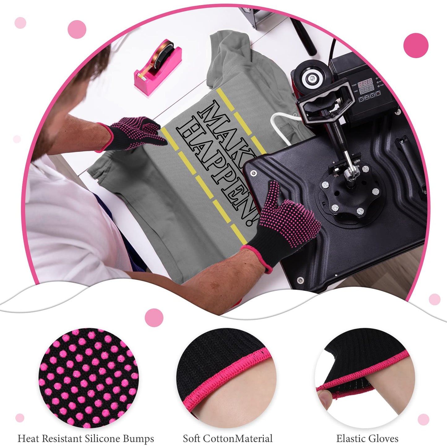 Sabary 9 Pcs Heat Tape Dispenser Set Pink Sublimation Tapes Dispenser Adhesive Roll Holder 2 Heat Press Resistant Gloves with Silicone Bumps 6 Sublimation Thermal Tape for Office Home