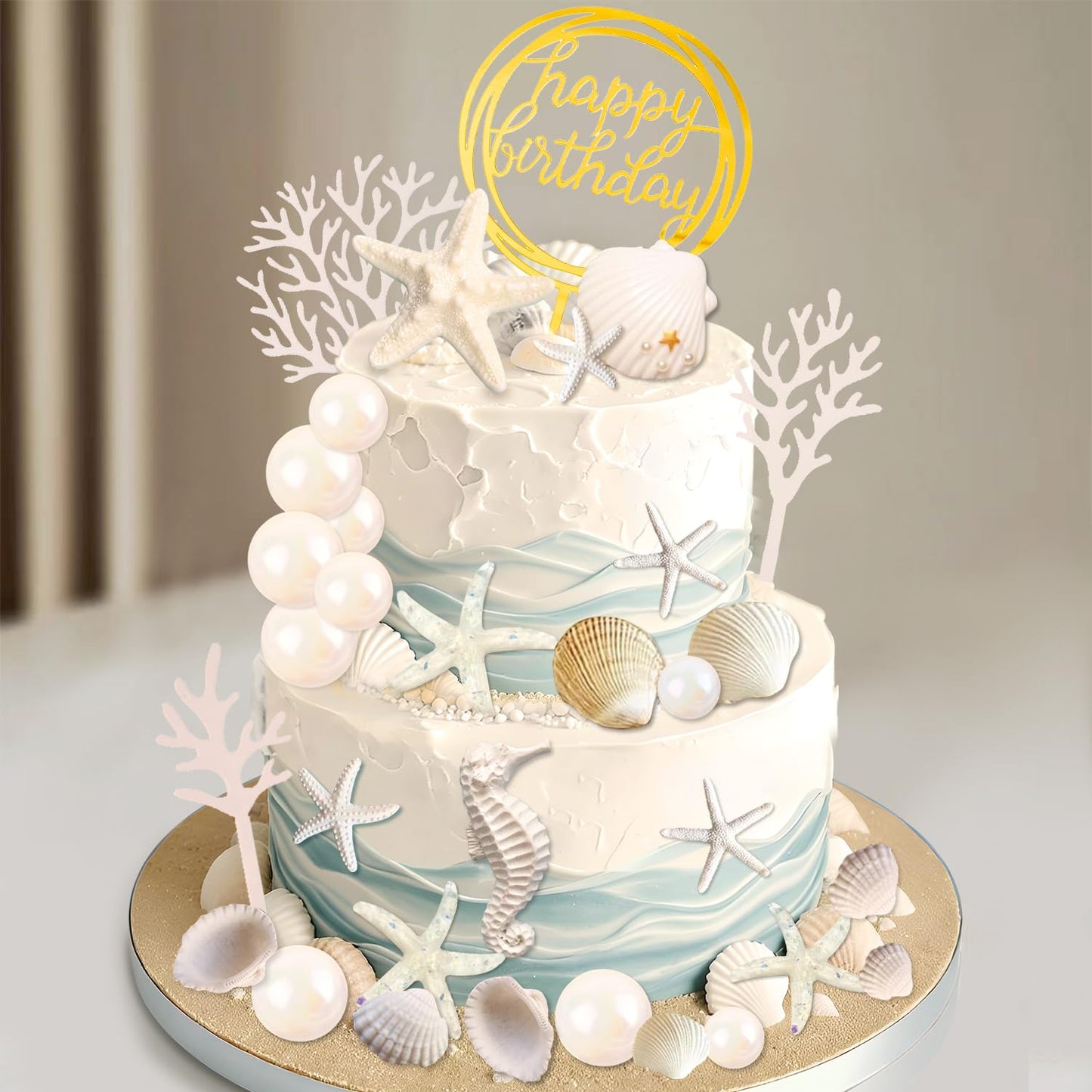 34 PCS Beach Seashell Cake Toppers, Beach Seashell Cake Decorations Birthday Party Decorations Under the Sea Ocean Cake Decoration for Summer Ocean Sea Starfish Theme Party Supplies