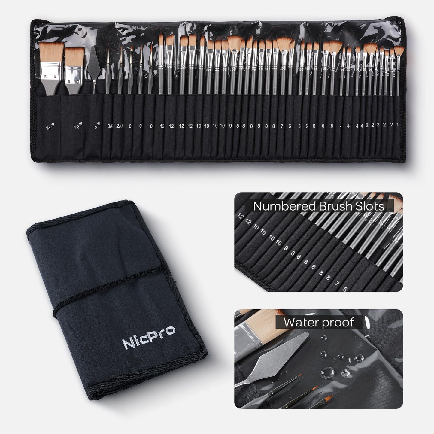 Nicpro 40 PCS Paint Brush Set, Professional Acrylic Paint Brushes with Palette Knife and Canvas Roll, Suitable for Acrylic Painting, Oil, Watercolor, Gouache, Art Supplies Painter Gifts for Artist