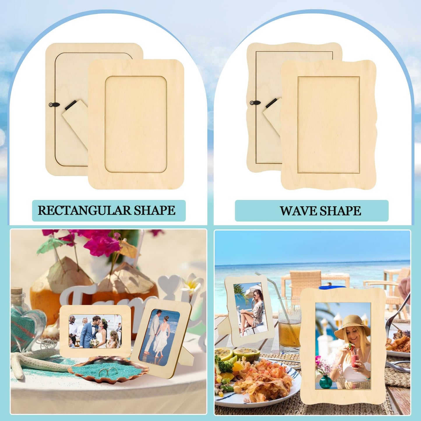RYKOMO 12 Pieces DIY Wooden Picture Frames, Unfinished Solid Wood Photo Picture Frames for 4 x 6 in Photos, Standing Wooden Picture Frame for Valentine's Day Gift, New Year, Father's Day, Mother's Day DIY Crafts(Wave shape)