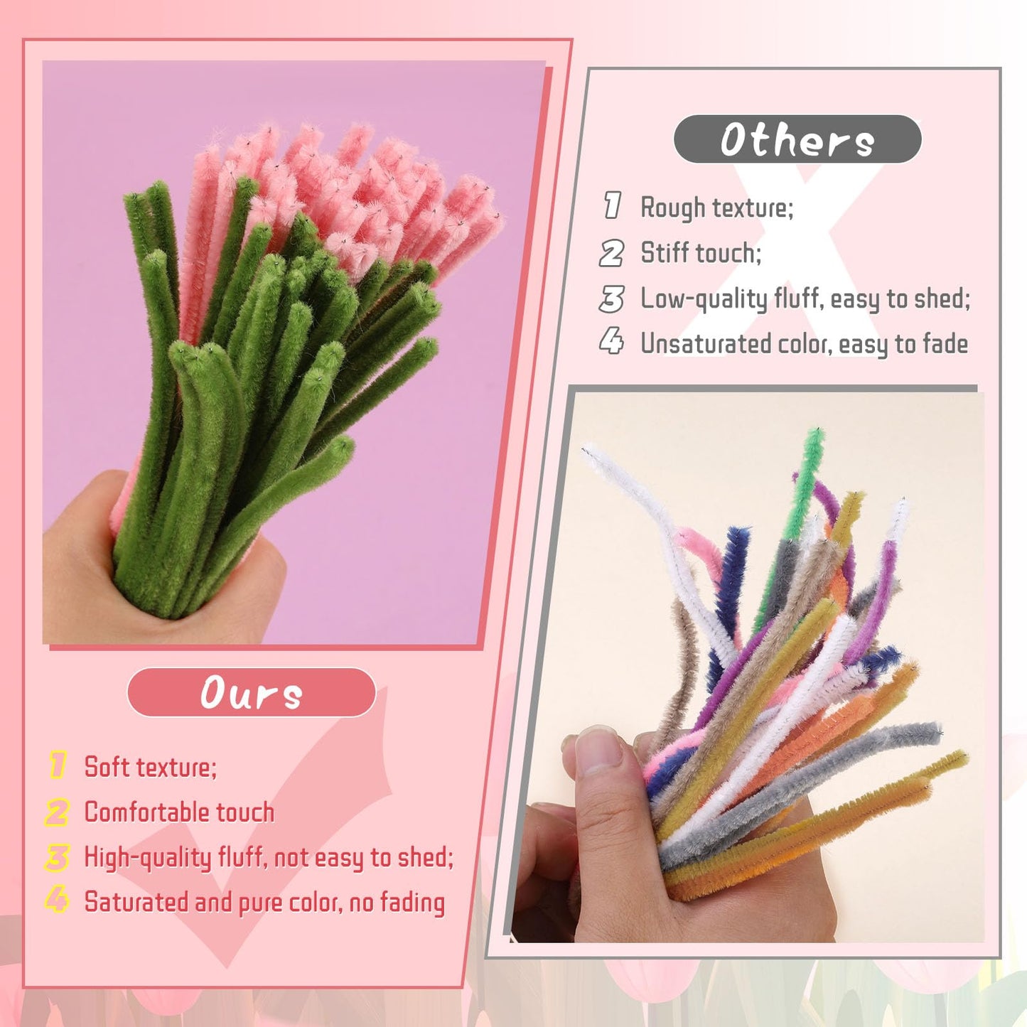 UzecPk Pipe Cleaner Flower Kit, Pipe Cleaners Bulk, Chenille Stems Pink Pipe Cleaner Craft, Pipe Cleaners Flowers with Floral Wire, Floral Tape, Instructions for Mother's Day Craft Home Decoration