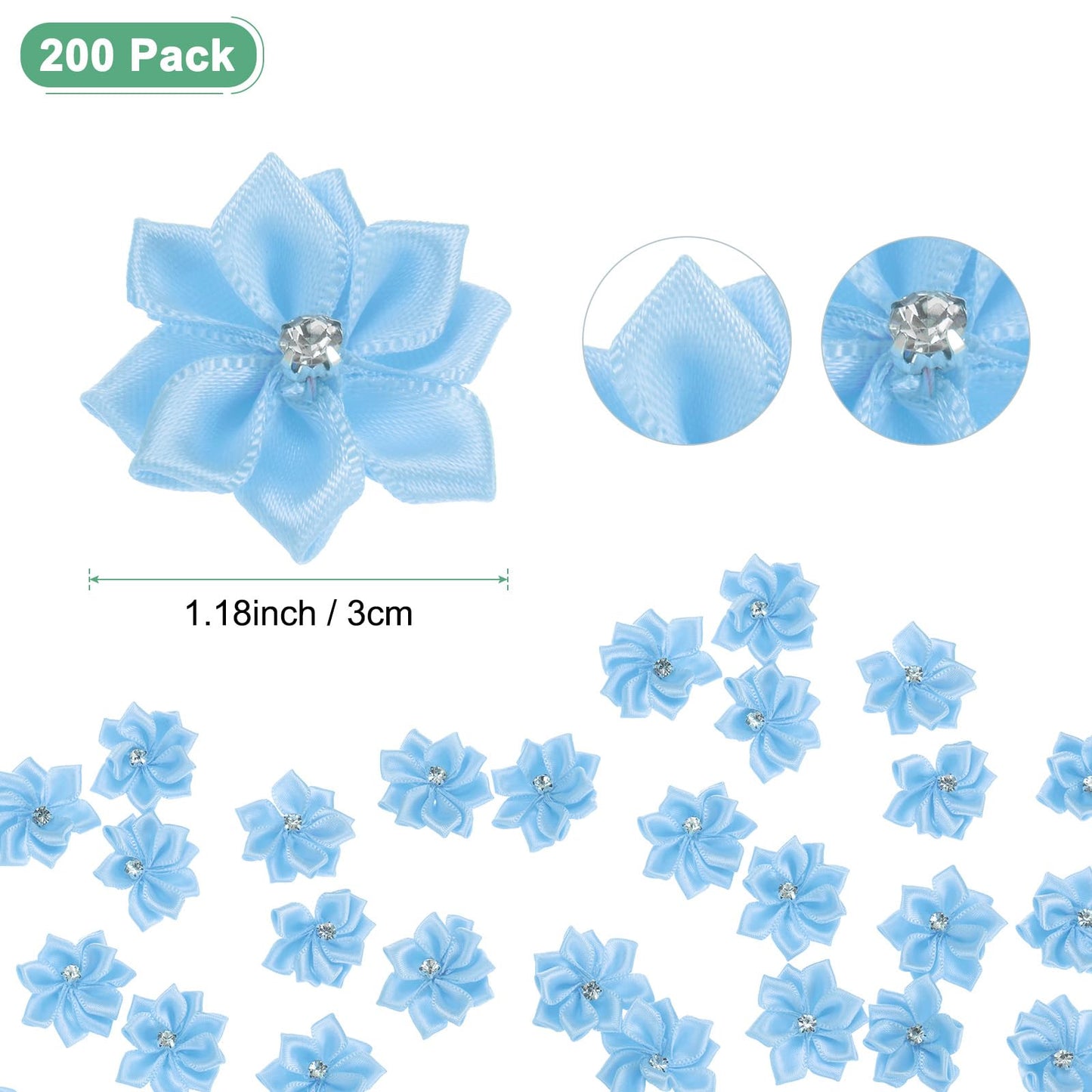 M METERXITY 200-Pack Satin Ribbon Flowers, 1.2 Inch Mini Fabric Flowers with Rhinestones Flower Ribbon Appliques for Crafts DIY/Wedding/Ornament/Party/Home [Blue]