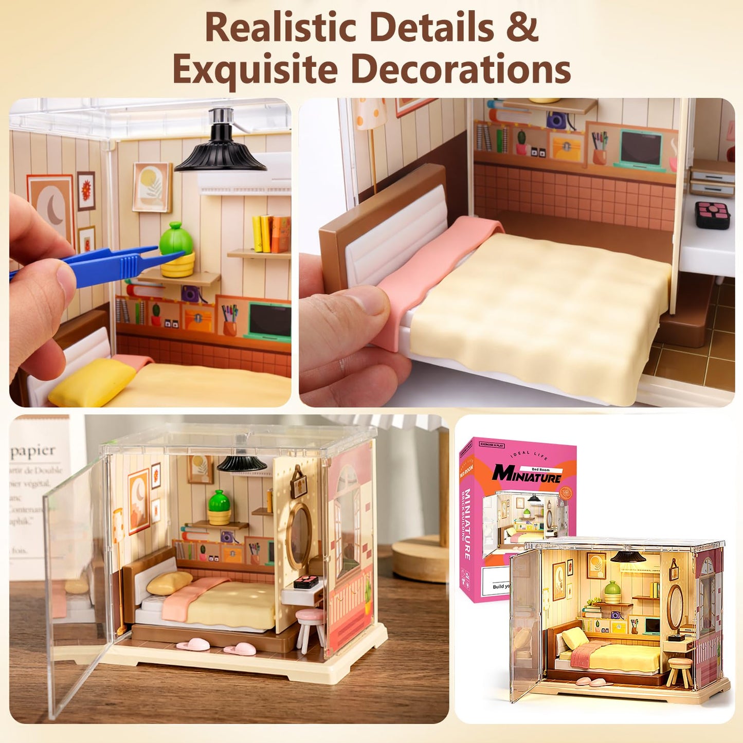 BUSOHA DIY Miniature Cozy Home House Kit - Tiny House with LED Light & Dust Cover Tiny Home with Furniture for Adults Dollhouse Model Building Set, Mini Room Craft Gift for Women & Teens