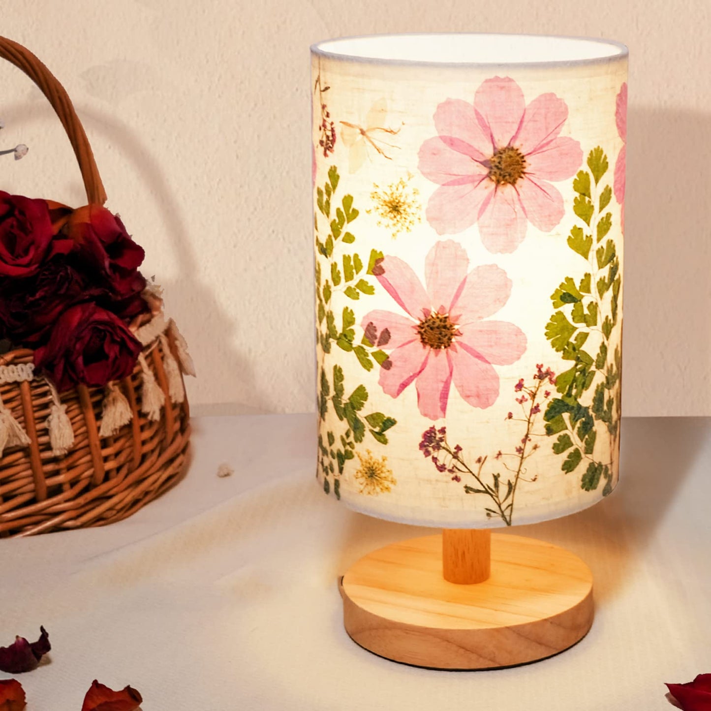 Floresita Dried Flowers Small Table Lamp 5W LED 3-Color Bedside Lamp Pressed Flowers Lampshade with Wood Base for Bedroom Living Room Desk Nursery