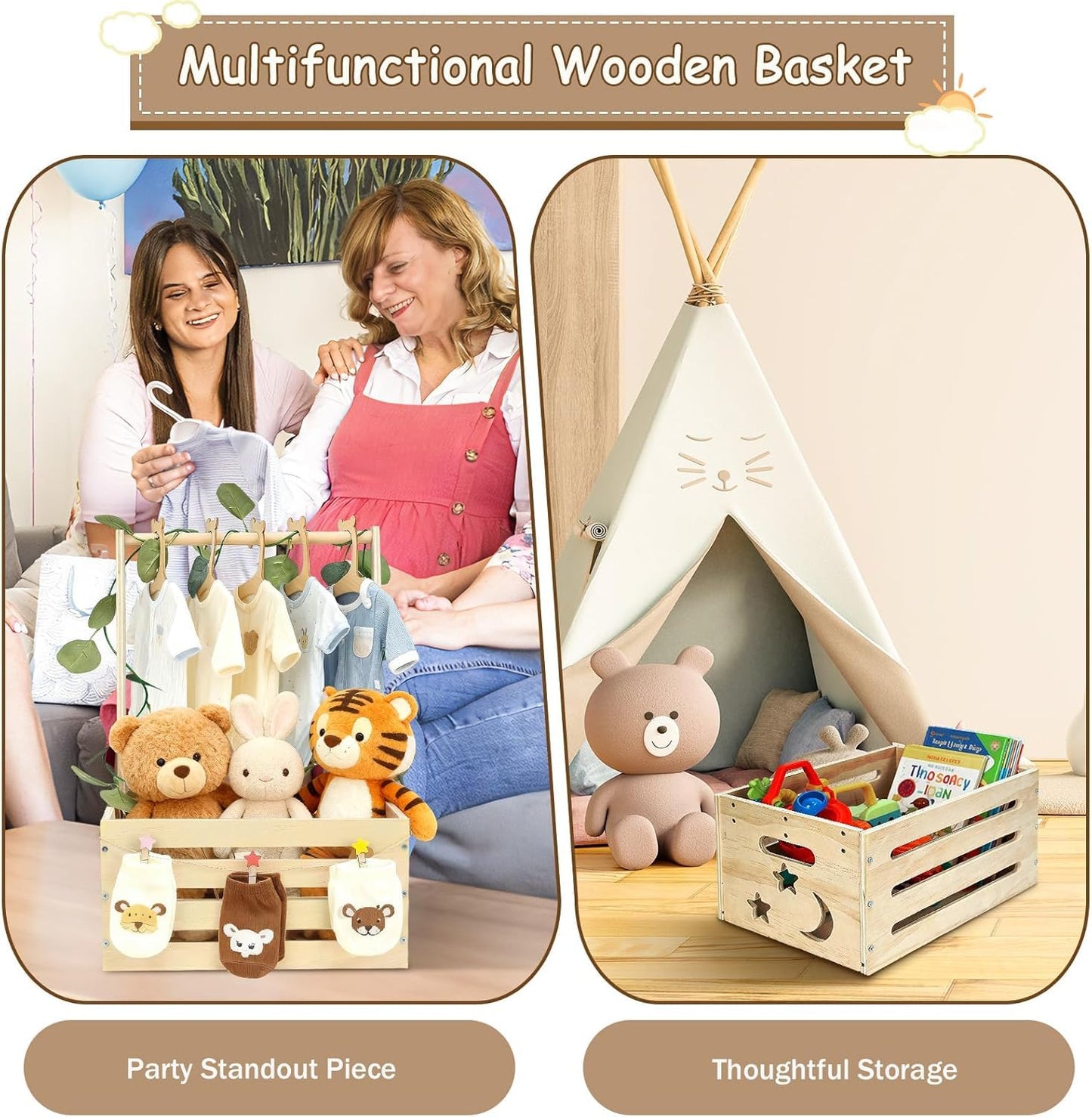 Simabsie Wooden Baby Shower Crate Closet with Hangers, Moon Stars - Personalized Newborn Basket Gifts for Expecting Parents
