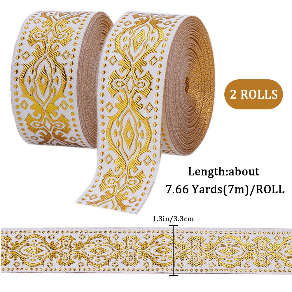 GORGECRAFT 15 Yards x 1.3 Inch Jacquard Ribbon Metallic Gold Ethnic Embroidered Woven Satin Roll Double Side Boho Fabric Floral Sewing Webbing Wrapping Strap Trim for DIY Crafts Home Curtain Decor