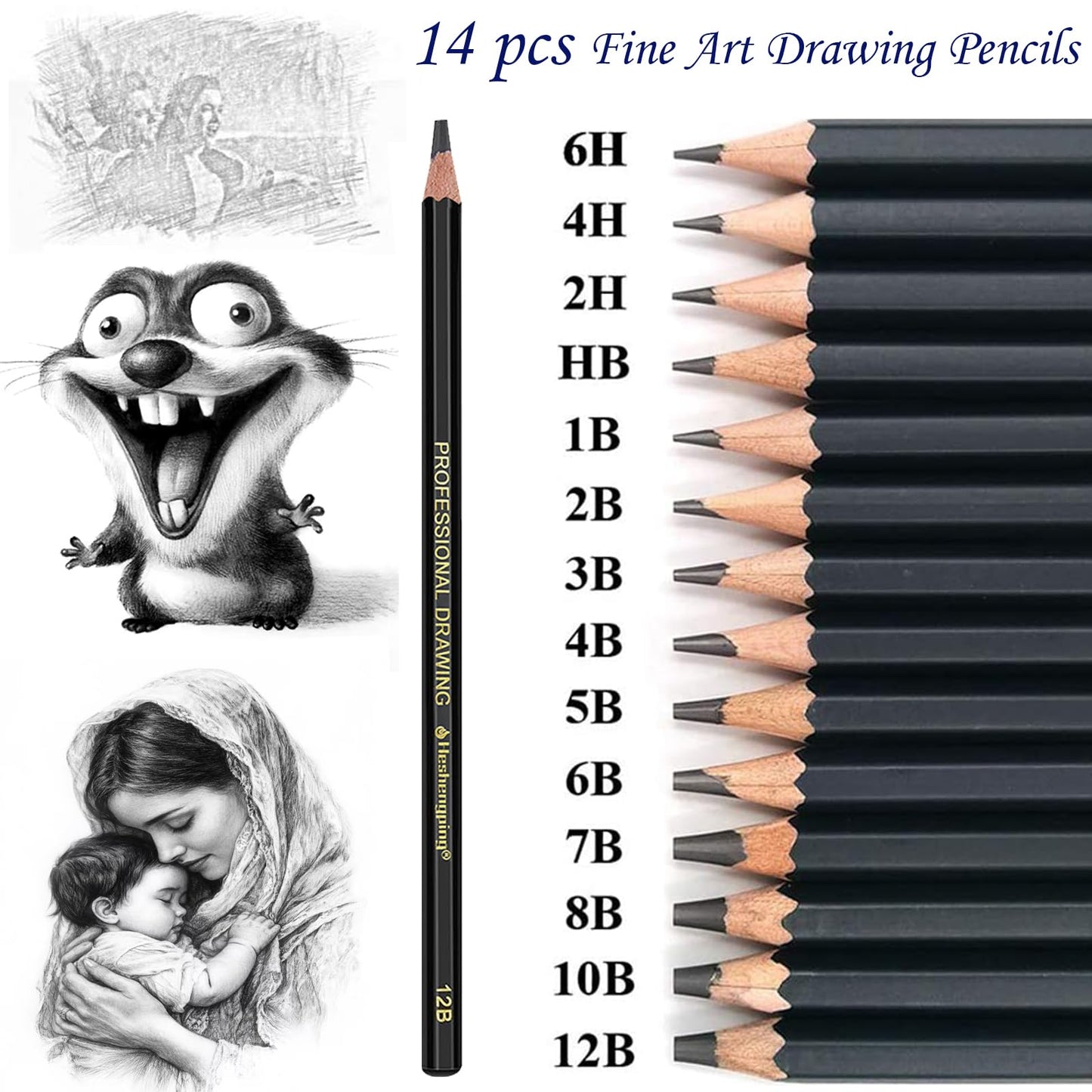 Heshengping, Sketching Pencil Set Drawing Pen Charcoal Sketch Kit Cover Graphite Charcoal Watercolor Pencils Paper Erasable Pen Beginners Artist Children and Adults(39pcs Art Supplies)