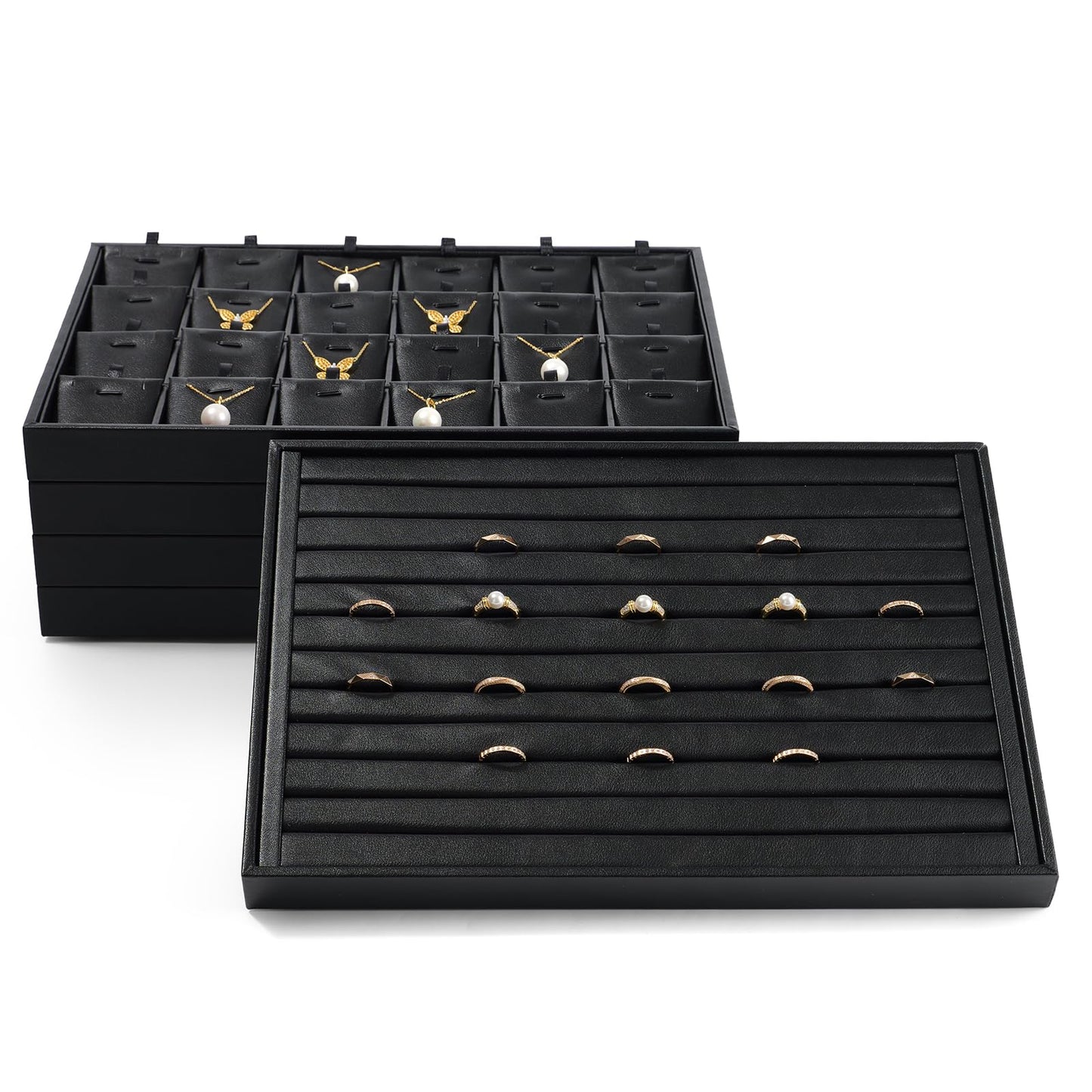 Papten 24 Grids PU Leather Necklace Tray Jewelry Display Tray for Drawers With Removable Jewellery Cards Necklace Pendant Tray (Black)