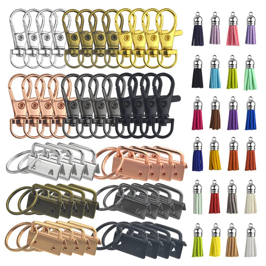 XINMEIWEN 72PCS Key Fob Hardware Set Including 24 Key Fob Hardware with Key Ring 24 Colorful Leather Keychain Tassel and 24 Swivel Snap Hooks for Keychain Making Supplies (6 Colors)