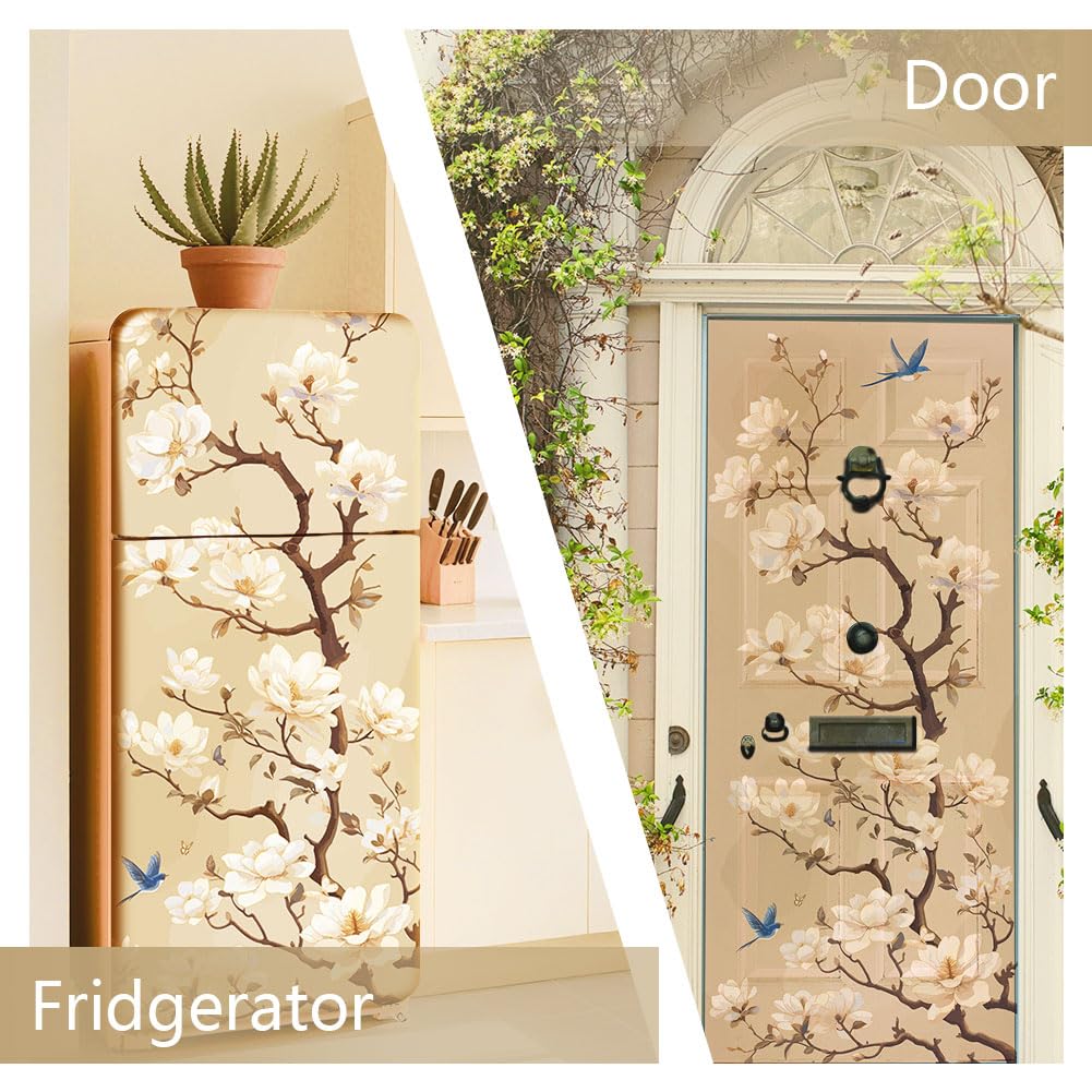 GOMAKERER 2 Pcs Branch and Bird Removable Refrigerator Wraps, Self-Adhesive Fridge Stickers Peel and Stick Vinyl Fridge Decals Sticker for Living Room Kitchen Bar Home Door Decor, 16.34x78.74 Inch