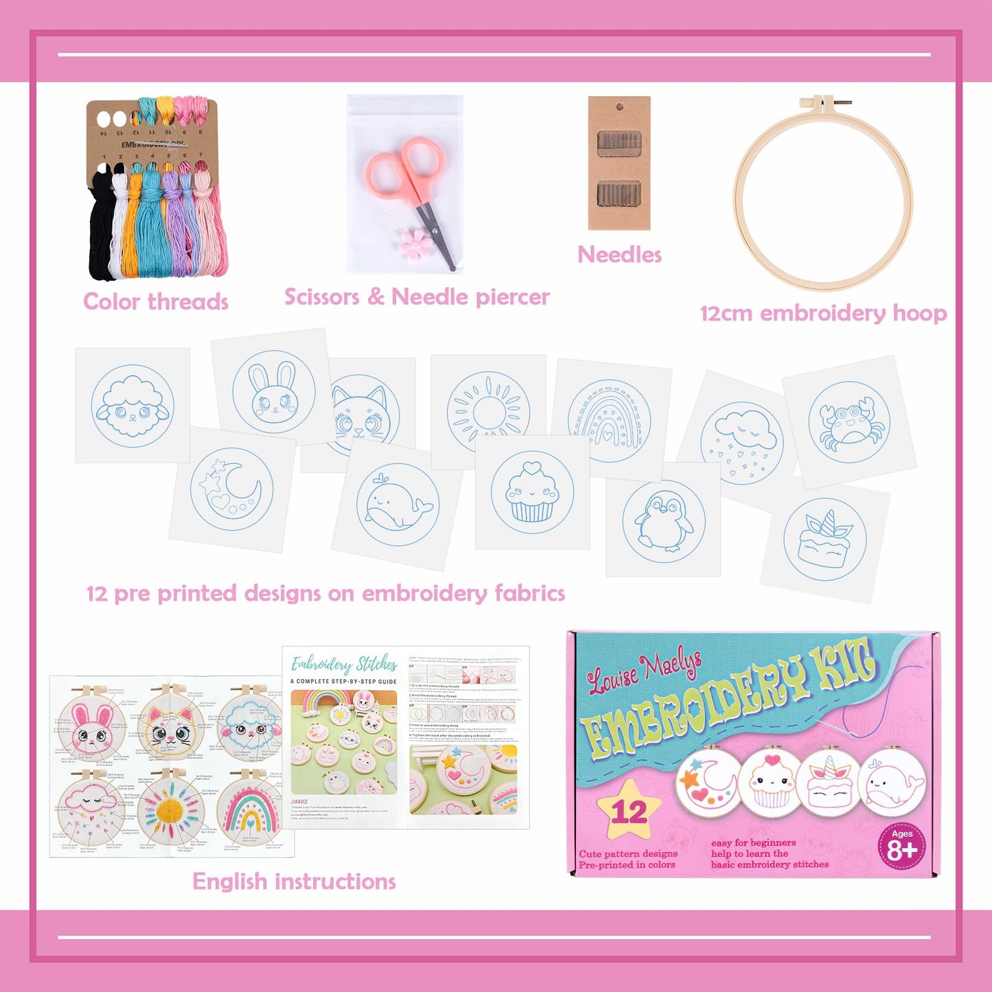 Louise Maelys Embroidery Kit for Beginners, 12 Packs Pre-Printed DIY Sewing Craft Kit,Kids Girls Cross Stitch Kit with Hoop, Threads, Needles and Scissors, Cute Animal & Cartoon Patterns