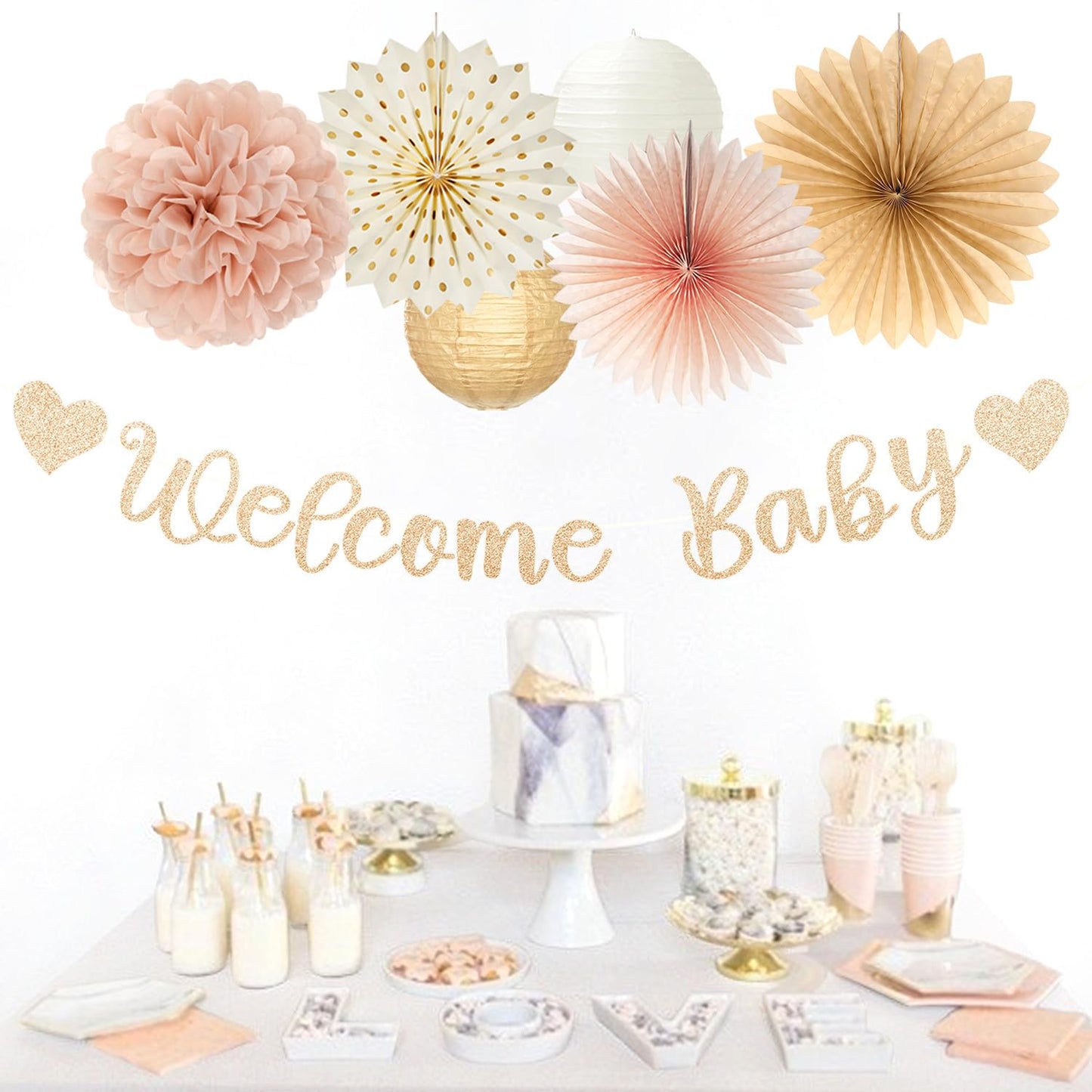 Champagne-Gold Fall Boho Baby Shower Party-Decorations - 21pcs Girls Welcome Baby Banner,Beige One Sweet Peach Paper Lanterns Pom Poms, Neutral Streamers Garland Decor Favors Huglony