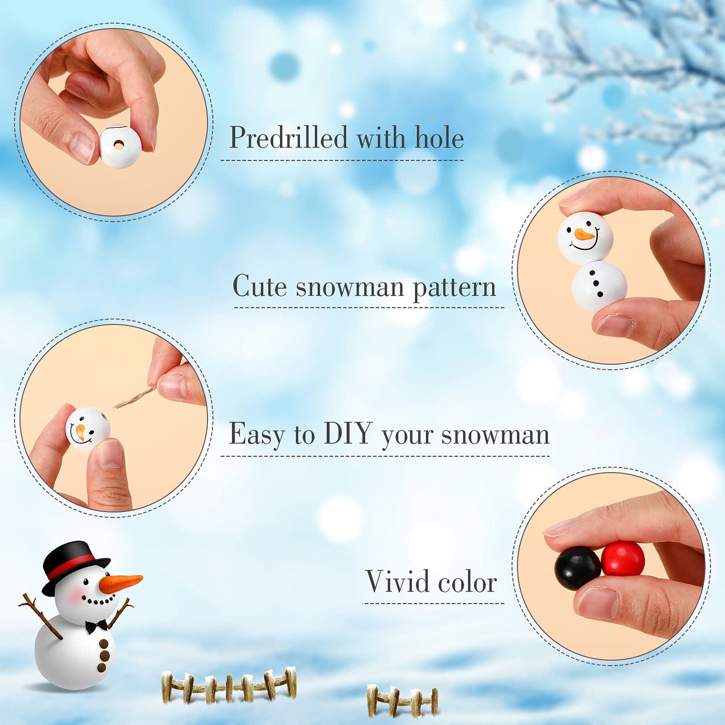 180 Piece DIY Christmas Crafts for Adults Snowman Wooden Bead for Crafts Winter Wooden Bead Christmas Buffalo Plaid Wood Round Print Beads with DIY Twine Scarf (Vivid Color)