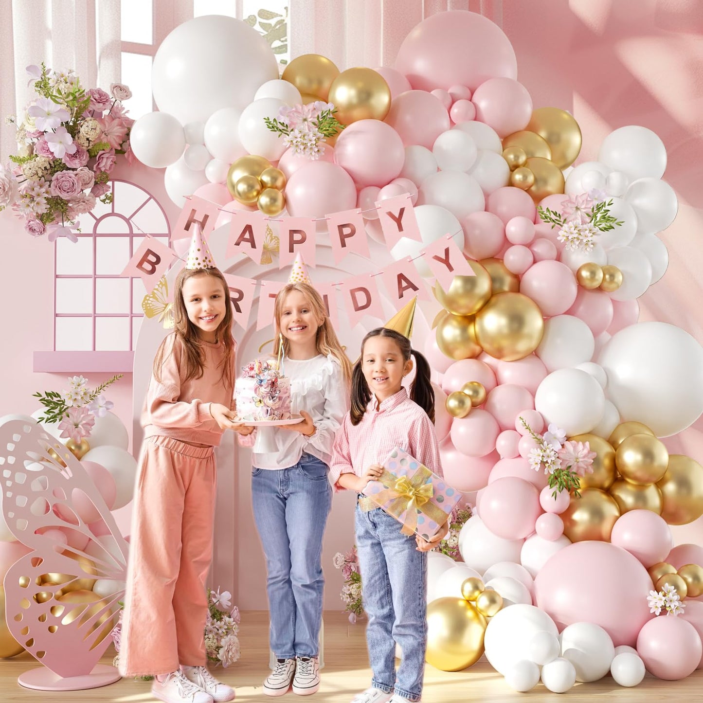 136pcs Pink and White Gold Balloon Arch Garland Kit with Pink White Metallic Gold Balloons for Birthday Bridal Baby Shower Decorations