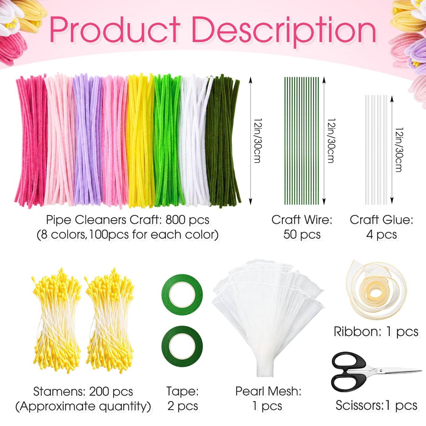 Chicplaid 800 Pcs Pipe Cleaners Craft, Tulip Pipe Cleaners Flowers Kit, 8 Colors Chenille Stems with Floral Wires, Gardening Tape, Stamen, Floral Wrapping Paper & Ribbon for Wedding DIY Craft