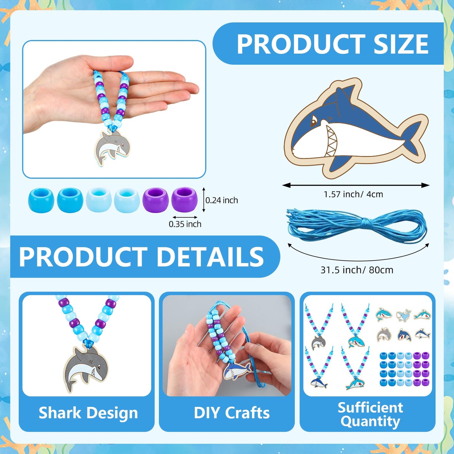 Ecally 24 Sets Shark Bead Necklaces Crafts Ocean Animals Beads for Necklaces Making DIY Summer Shark Charms Pendant for Under the Sea Beach Themed Party Favor Supplies Classroom Activities