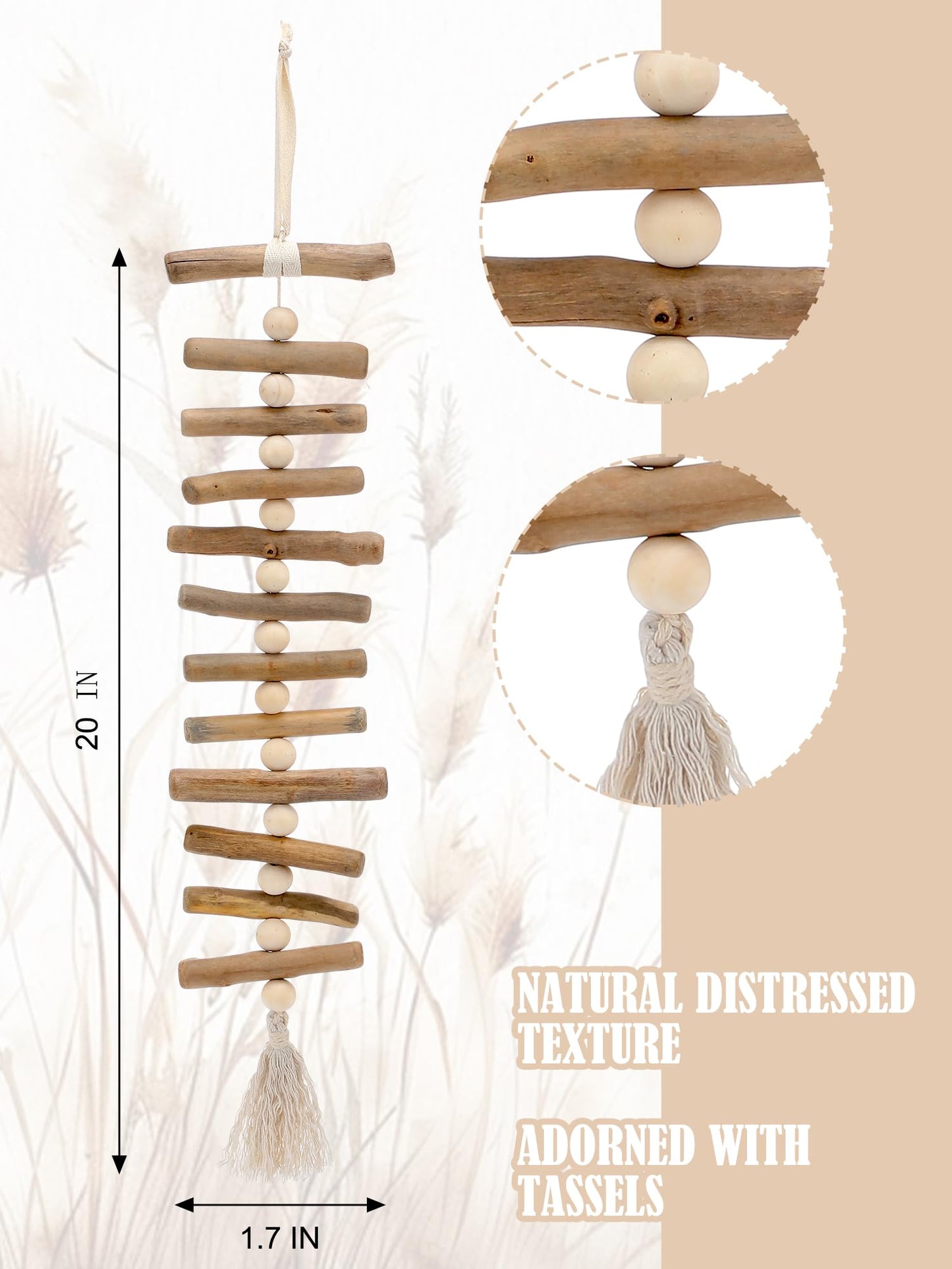 Yerliker Wooden Driftwood Wall Decor Decorative Wooden Beads Wall Hanging Bohemian Ethnic Style Tassel Wood Decor Home Living Room Bedroom Beach House and Gift