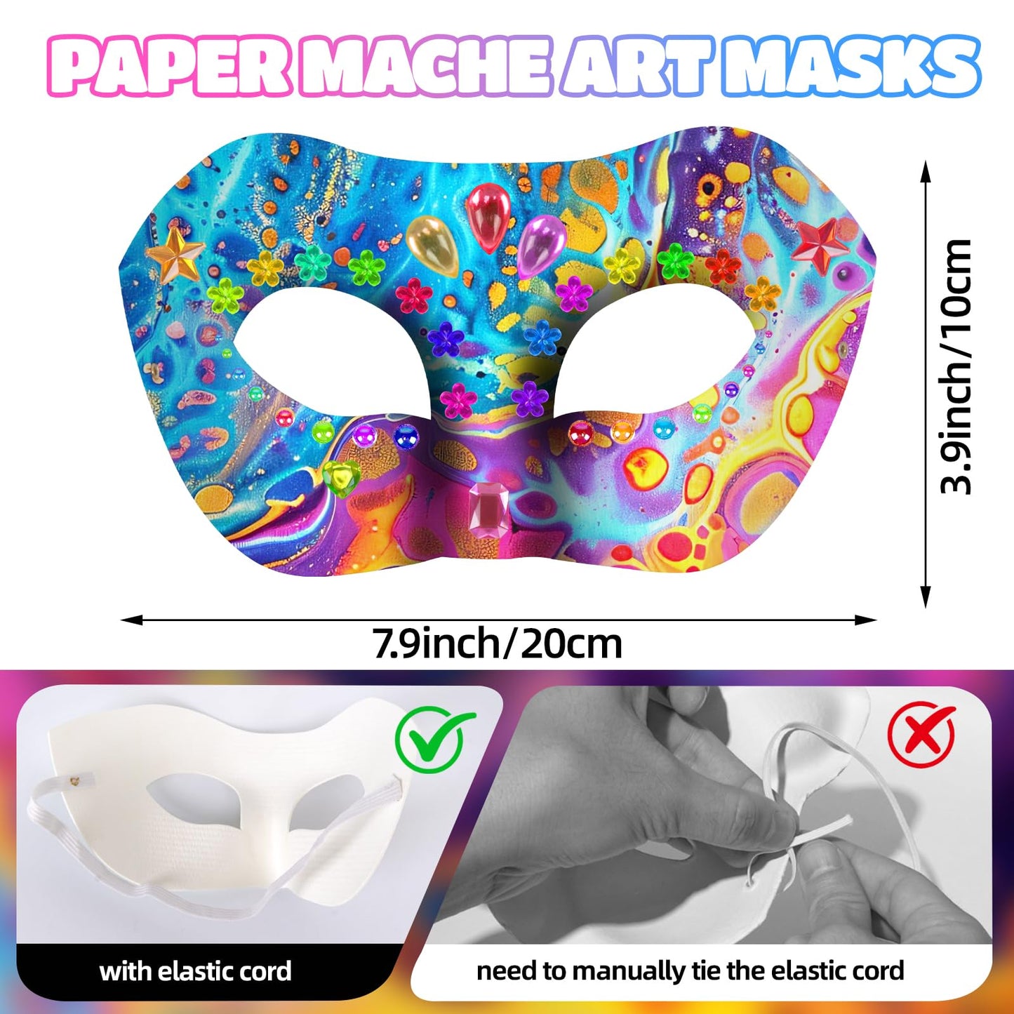 Zeustbonwe 16 pcs Paper Mache Art Masks White Craft Masks with Gem Stickers - DIY Craft Kit for Masquerade Mardi Gras Halloween Cosplay and Party Decorations