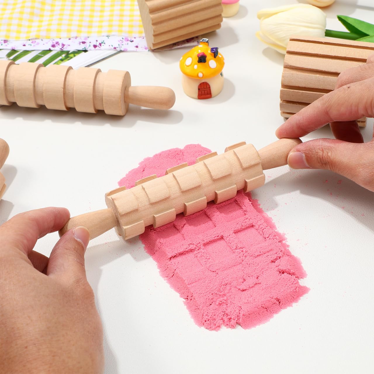 Kisangel Wooden Play Dough Tools Set of 12 for Kids - Pottery Texture Rollers & Clay Stamps - Natural Wood Sculpting & Molding Toys for Toddlers Arts and Crafts