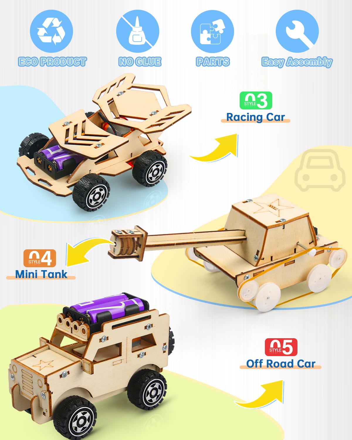 Poraxy STEM Kits for Kids Age 8-10, 5 Set STEM Toys for Boys Age 8-12, Wooden 3D Puzzles Model Car Kits, Science Kit Crafts Building Project, Birthday Gifts for 6 7 8 9 10 11 12 13 Year Old Boys Girls
