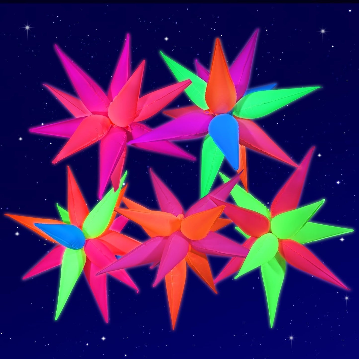Mega-L Glow in The Dark Party Supplies, 5 Pcs Neon Explosion Star Balloons Kit, Neon Party Decorations, DIY Neon Balloon with 12 point Cone Balloons for Birthday Wedding Graduation