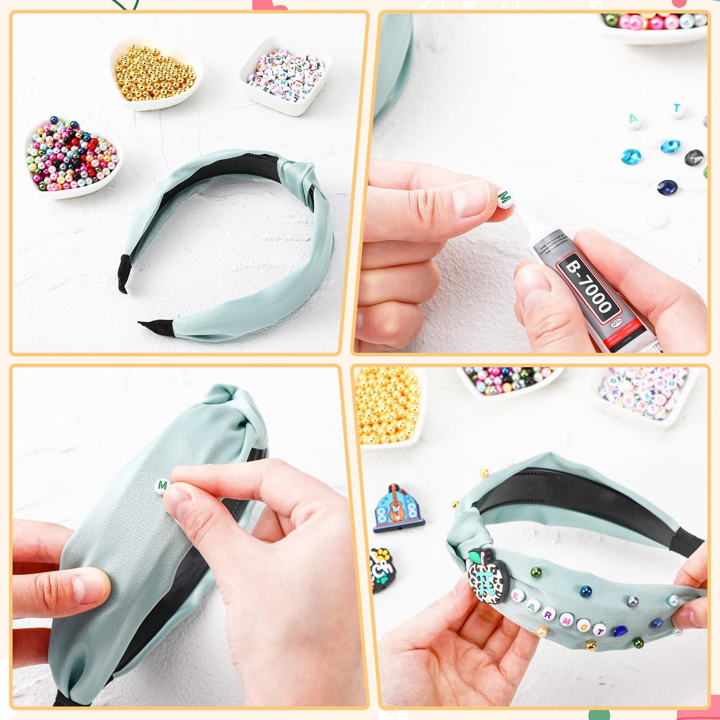 Wavyknot 636 Pieces DIY Headband Making Kit Gift Make Your Own Fashion Hair Accessories Set with Teacher Pencil School Alphabet Beads Rhinestone Diamond Pearl for Summer Classmate Graduation Supplies
